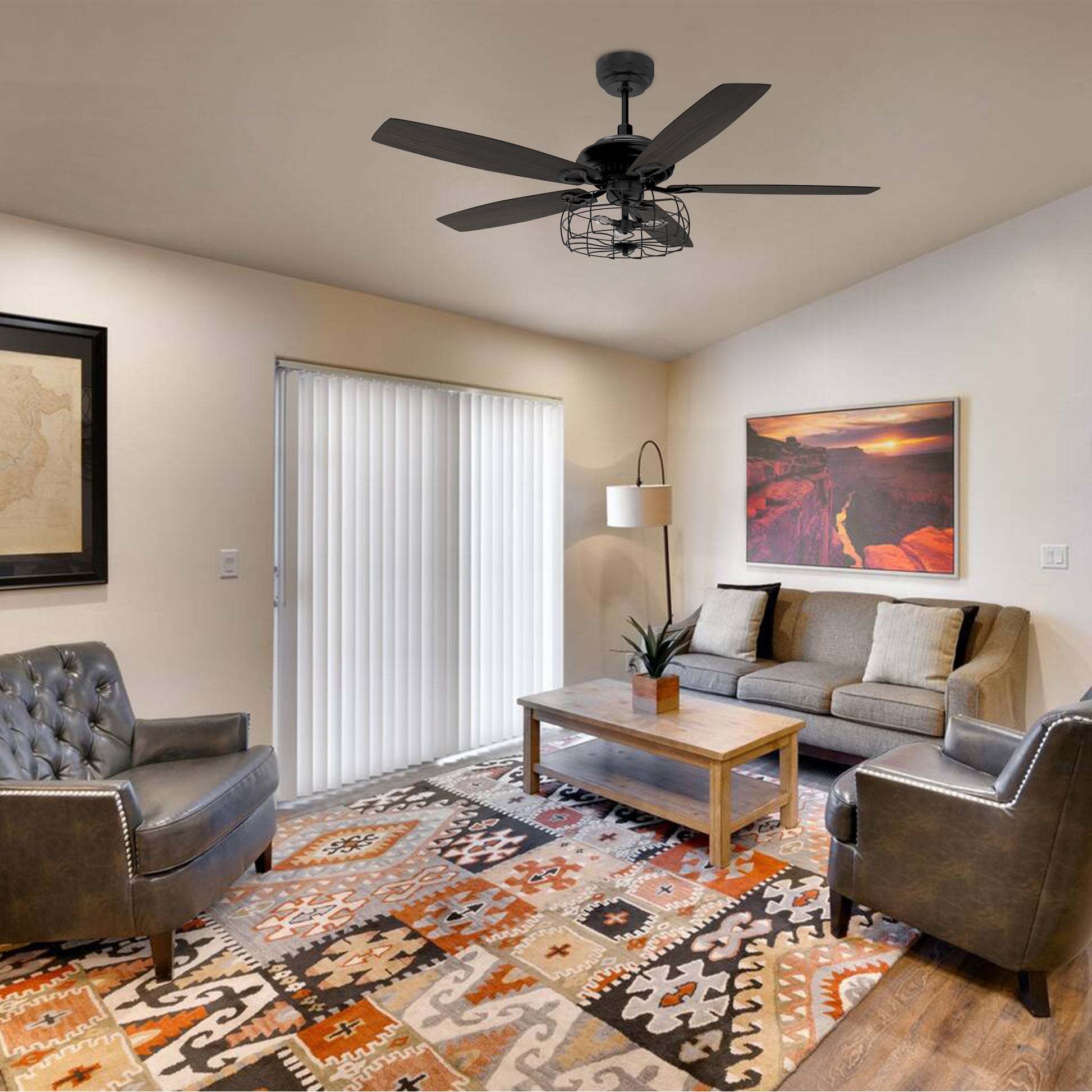 Carro USA HUNTLEY 52 inch 5-Blade Industrial Vintage Smart Ceiling Fan with Light & Remote Control - Black/Walnut fan blades