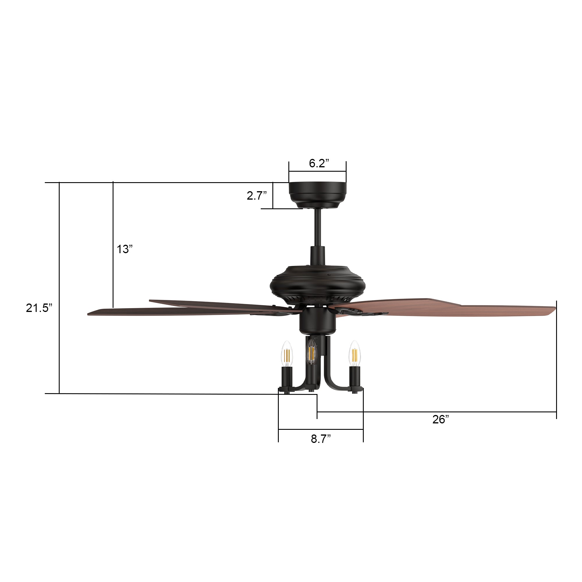 Carro HUNTLEY 52 inch 5-Blade Vintage Candelabra Ceiling Fan with Light & Remote Control - Black/Brown Wood & Walnut (Reversible Blades)
