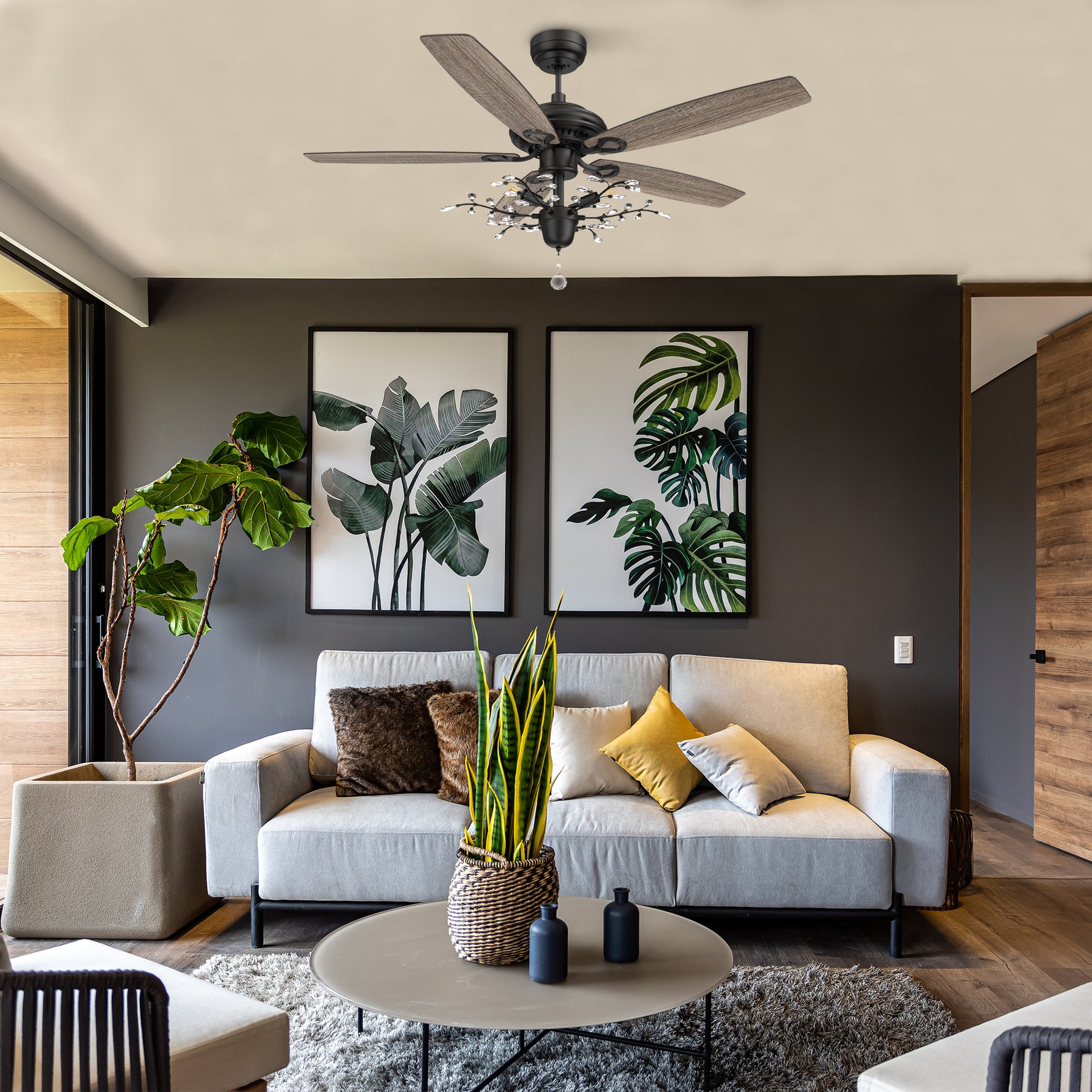 Carro HUNTLEY 52 inch 5-Blade Crystal Ball Pendant Ceiling Fan with Light & Remote Control - Black/Light Wood & Walnut (Reversible Blades)