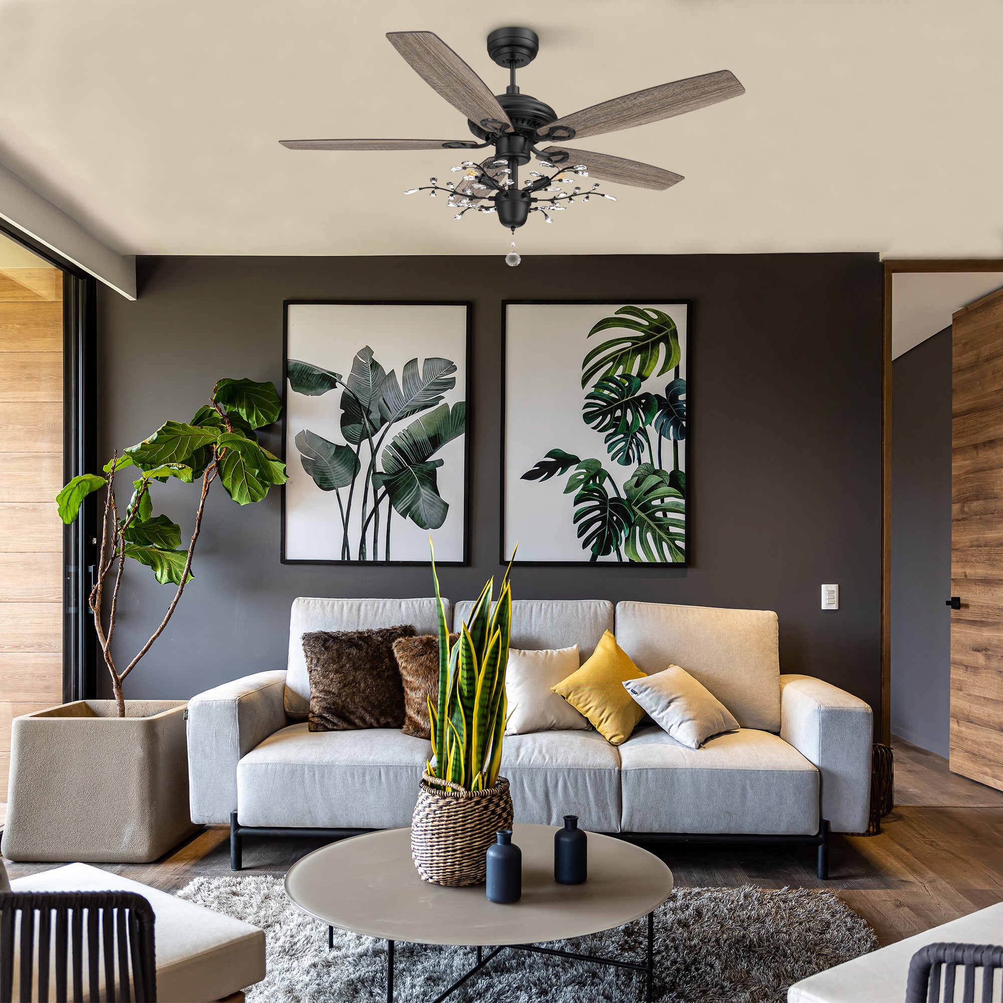 Carro HUNTLEY 52 inch 5-Blade Crystal Ball Pendant Ceiling Fan with Light & Remote Control - Black/Light Wood & Walnut (Reversible Blades)