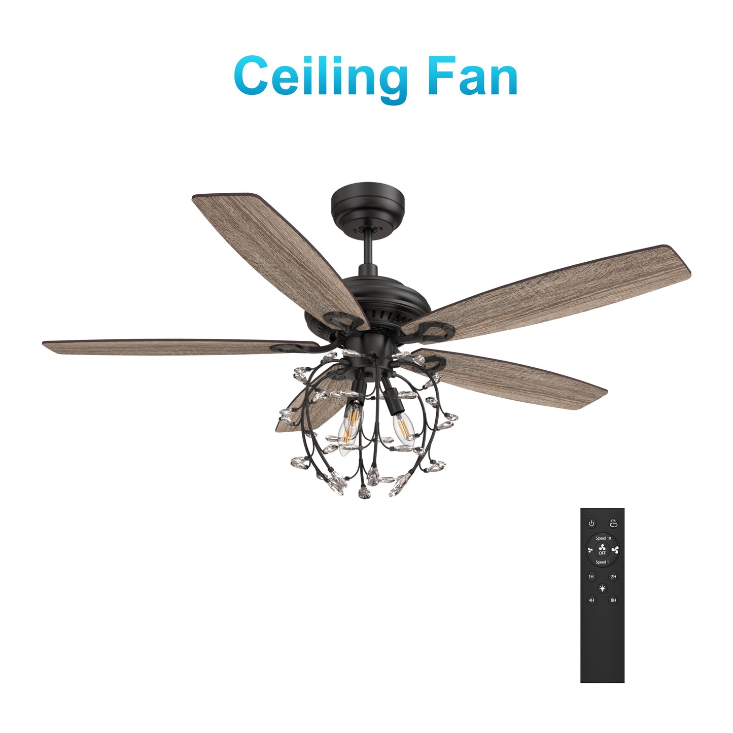 Carro HUNTLEY 52 inch 5-Blade Crystal Candelabra Ceiling Fan with Light & Remote Control - Black/Light Wood & Walnut (Reversible Blades)