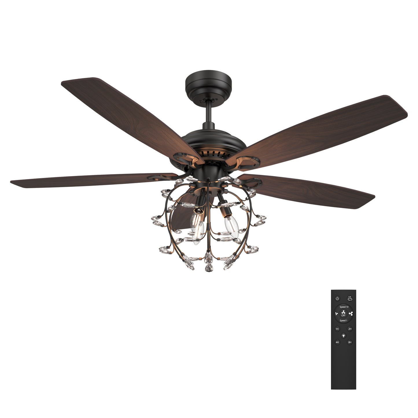Carro HUNTLEY 52 inch 5-Blade Crystal Candelabra Ceiling Fan with Light & Remote Control - Black/Light Wood & Walnut (Reversible Blades)