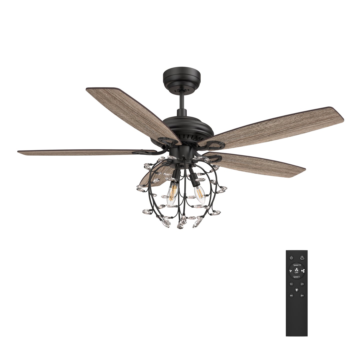 Carro HUNTLEY 52 inch 5-Blade Crystal Candelabra Ceiling Fan with Light & Remote Control - Black/Light Wood & Walnut (Reversible Blades)