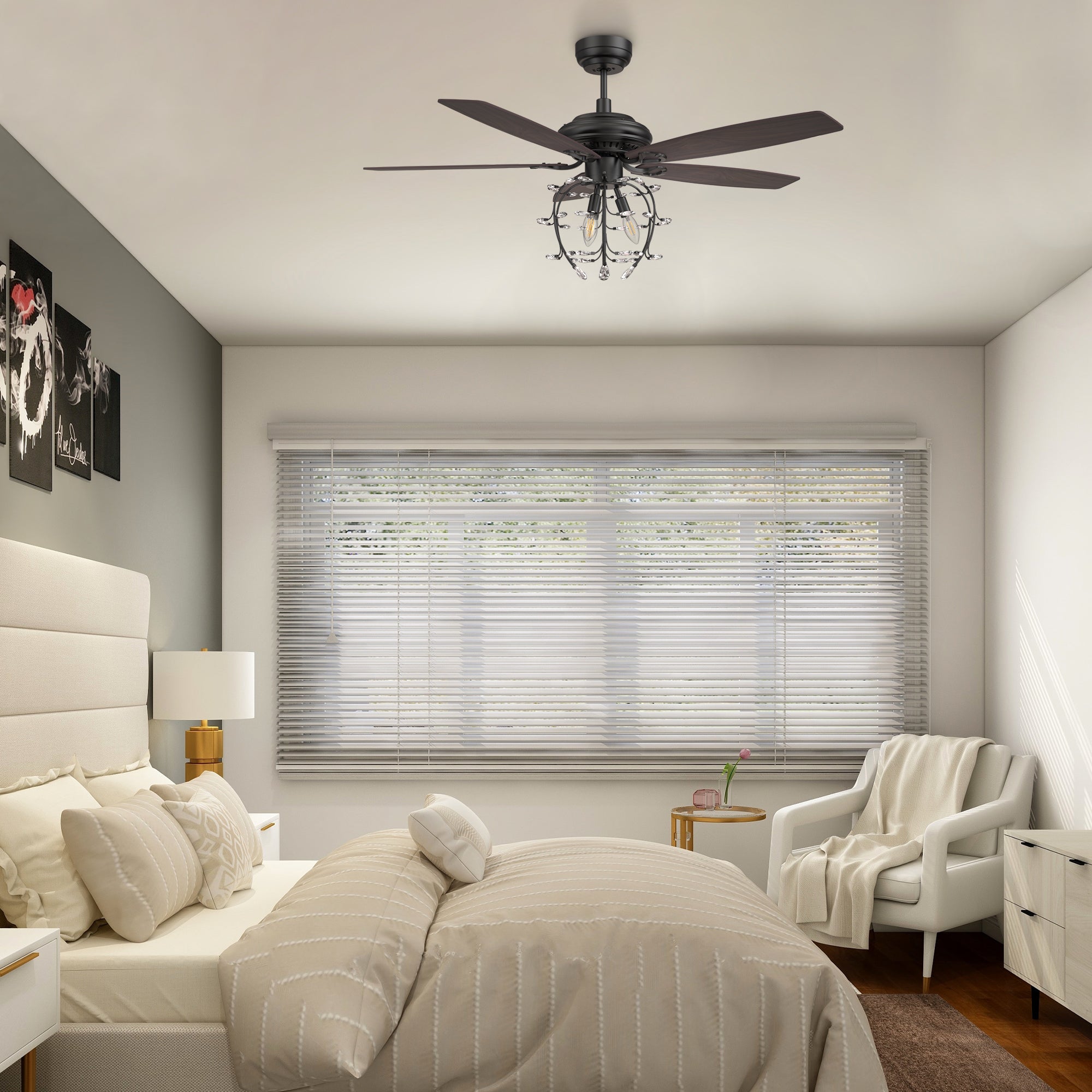Carro HUNTLEY 52 inch 5-Blade Crystal Candelabra Ceiling Fan with Light & Remote Control - Black/Light Wood & Walnut (Reversible Blades)