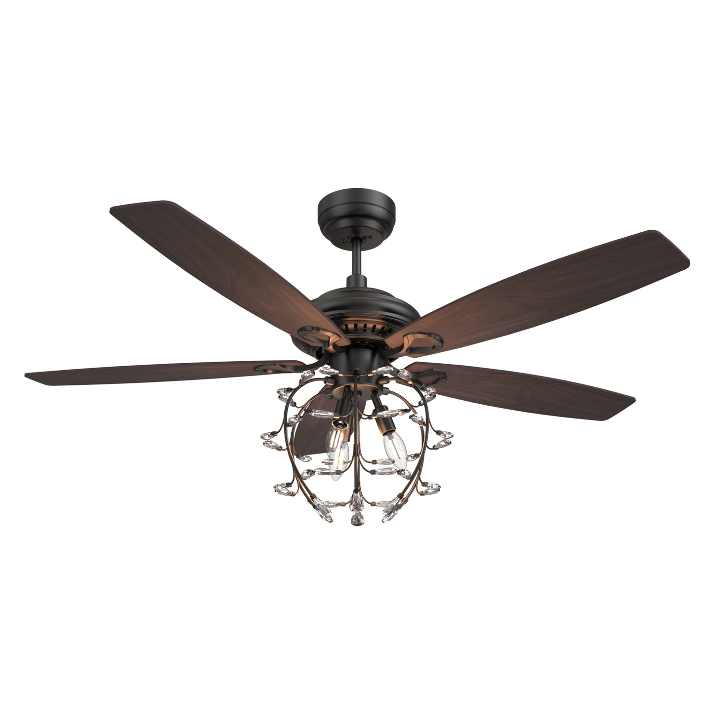 Carro HUNTLEY 52 inch 5-Blade Crystal Candelabra Ceiling Fan with Light & Remote Control - Black/Light Wood & Walnut (Reversible Blades)