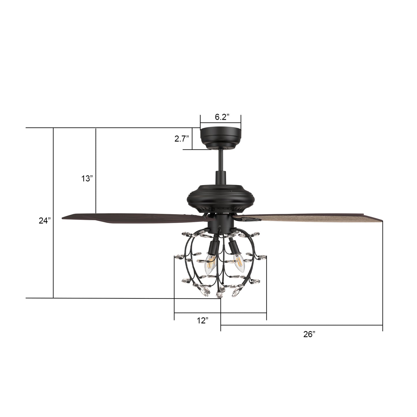 Carro HUNTLEY 52 inch 5-Blade Crystal Candelabra Ceiling Fan with Light & Remote Control - Black/Light Wood & Walnut (Reversible Blades)