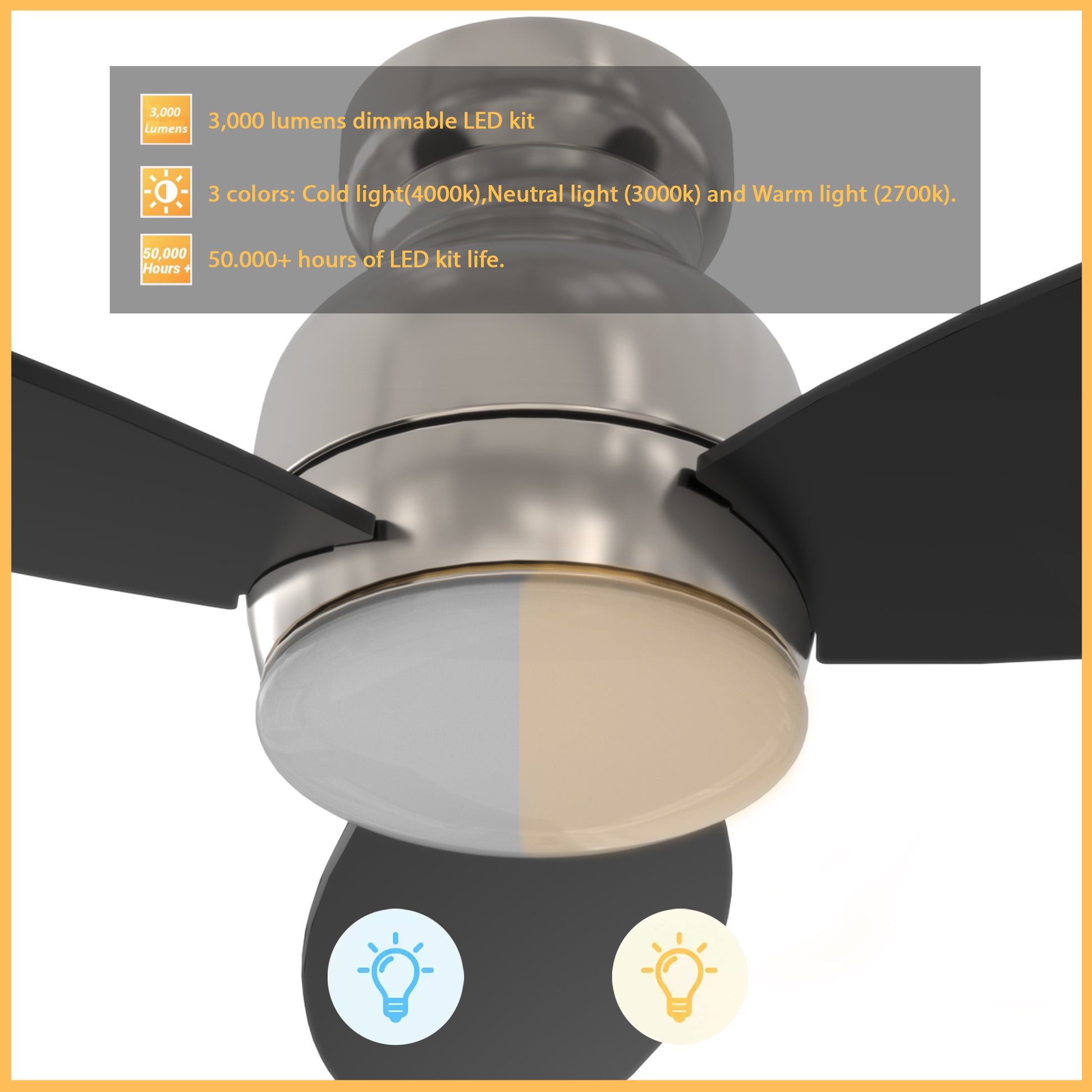 Carro Home TRENTO 48 inch 3-Blade Flush Mount Smart Ceiling Fan with LED Light Kit & Remote- Silver/Black blades