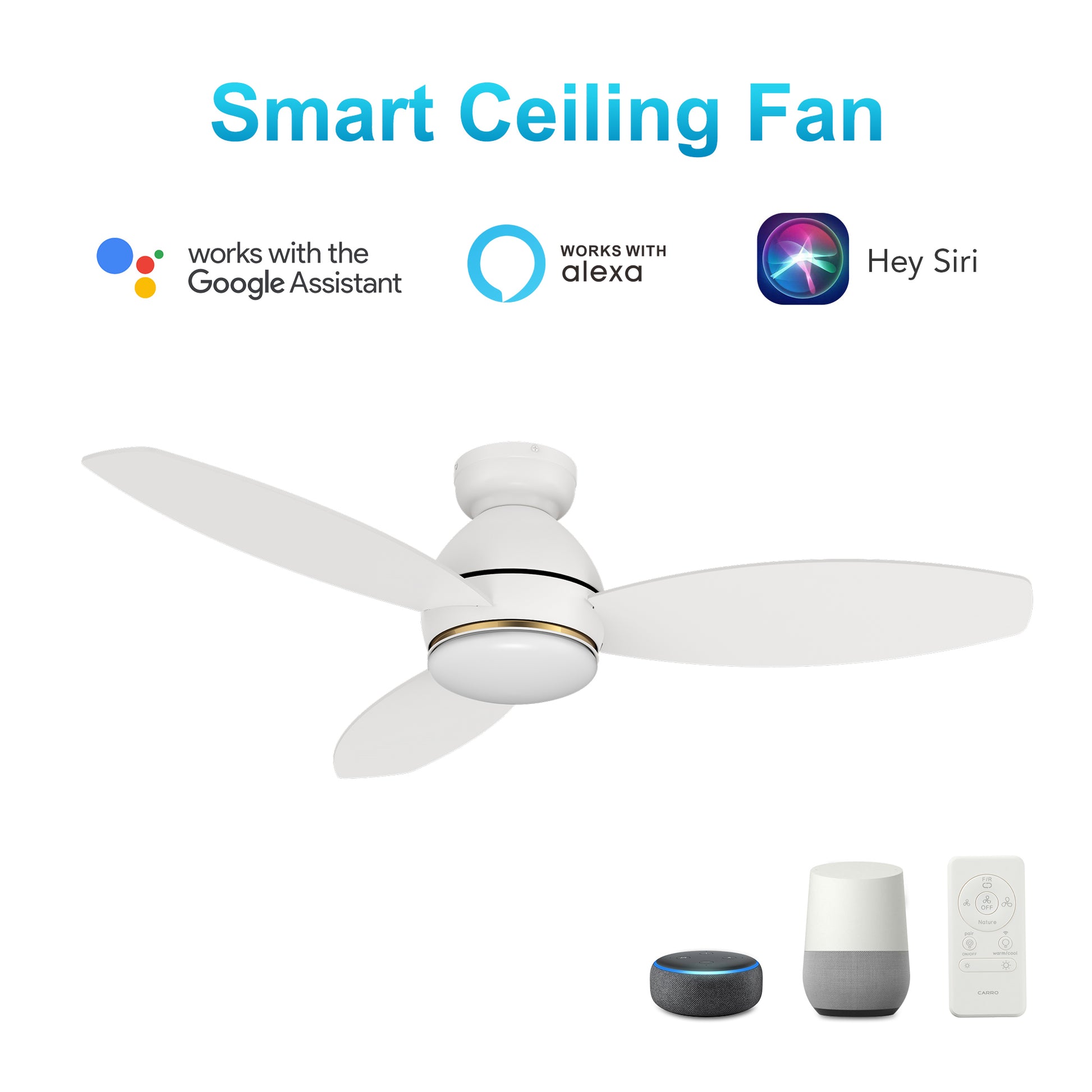Carro HOBART 48 inch 3-Blade Flush Mount Smart Ceiling Fan with LED Light Kit & Remote- White/White