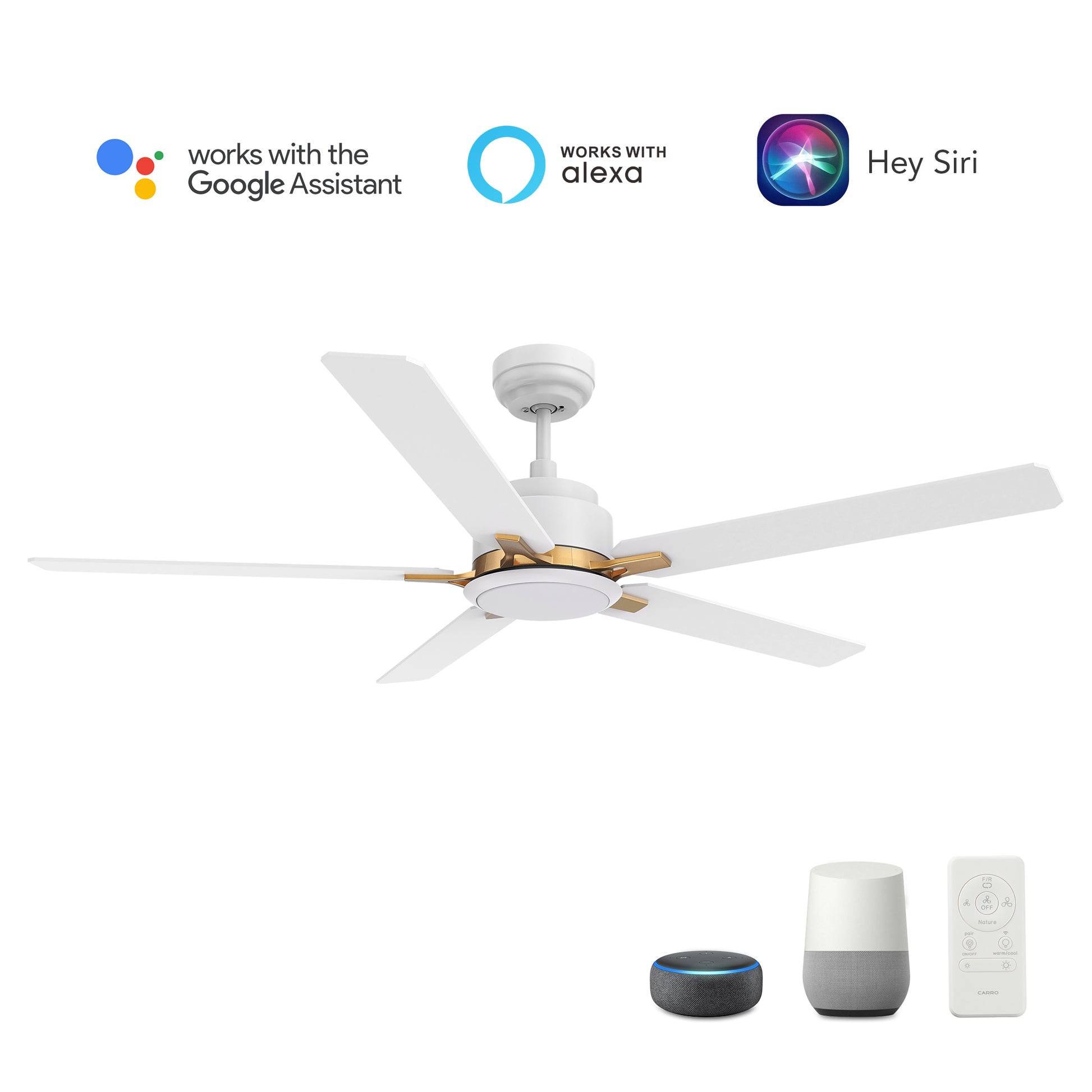 Carro Home ESPEAR 52 inch 5-Blade Smart Ceiling Fan with LED Light Kit & Remote - White/White (Gold Detail)