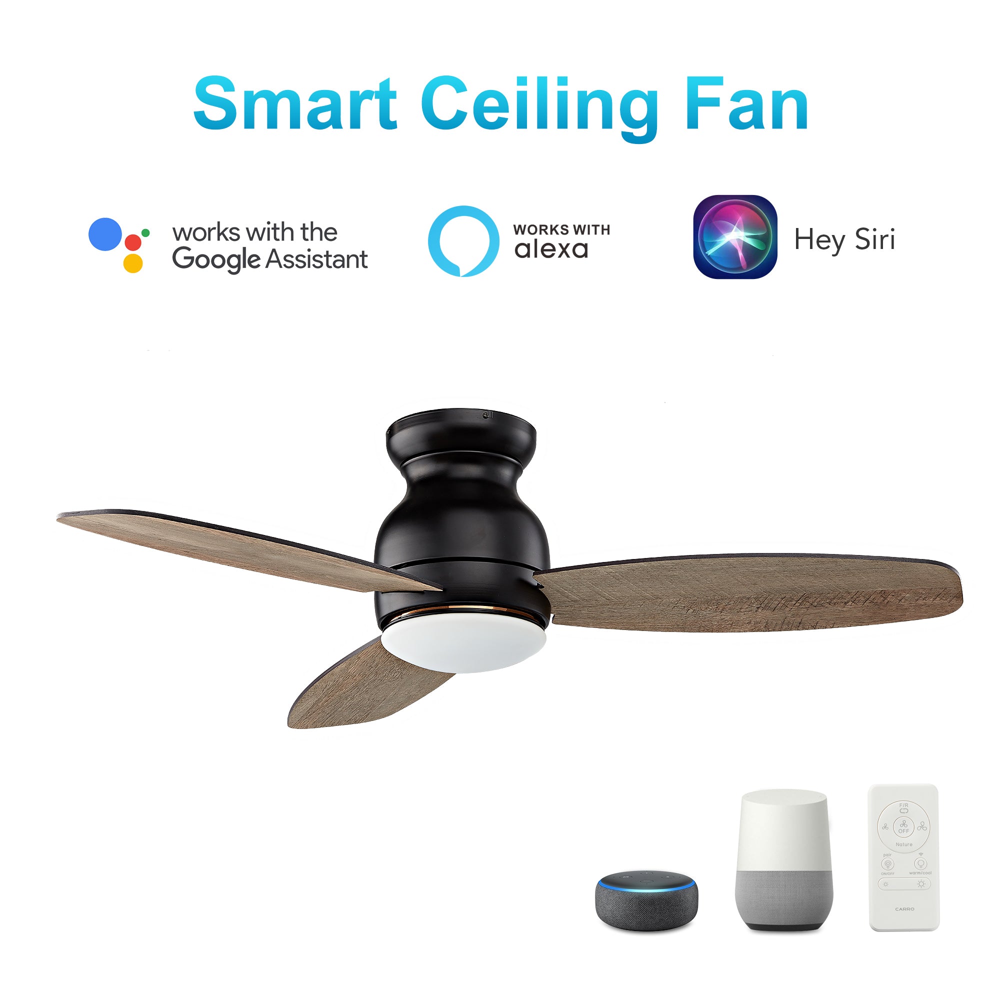 Carro TRENTO 60 inch 3-Blade Smart Ceiling Fan with LED Light Kit & Remote- Black/Walnut & Light Wood (Reversible Blades)