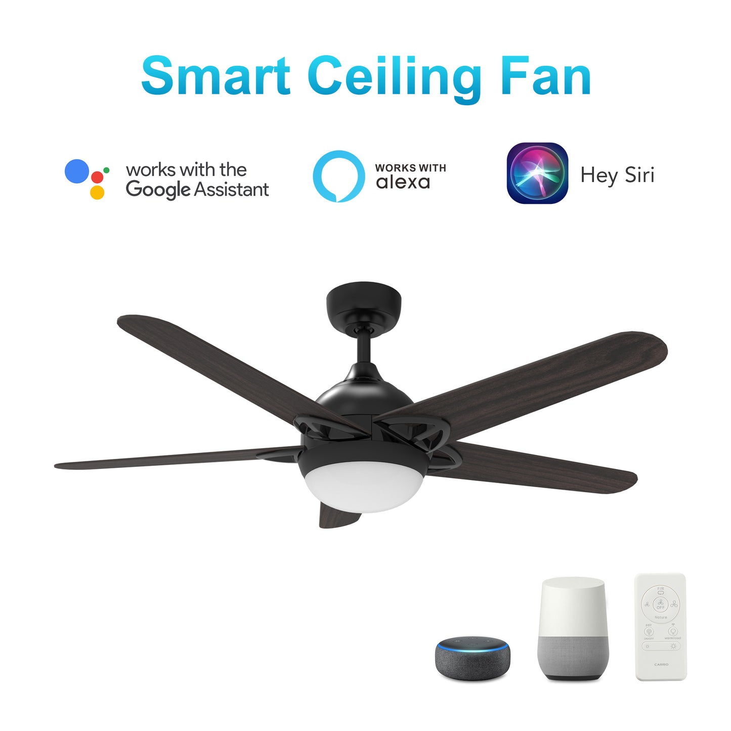 Carro USA SOLASTA 52 inch 5-Blade Smart Ceiling Fan with LED Light Kit & Remote - Black/Dark Wood fan blades