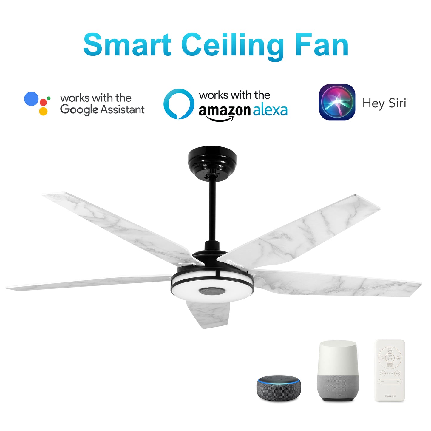 Carro ELIRA 52 inch 5-Blade Smart Ceiling Fan with LED Light Kit & Remote - Black/Marble Pattern fan blades