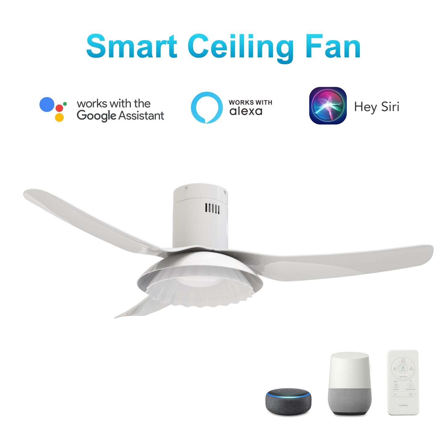 Carro DAFFODIL 52 inch 3-Blade Flush Mount Smart Ceiling Fan with LED Light Kit and Remote - White/White
