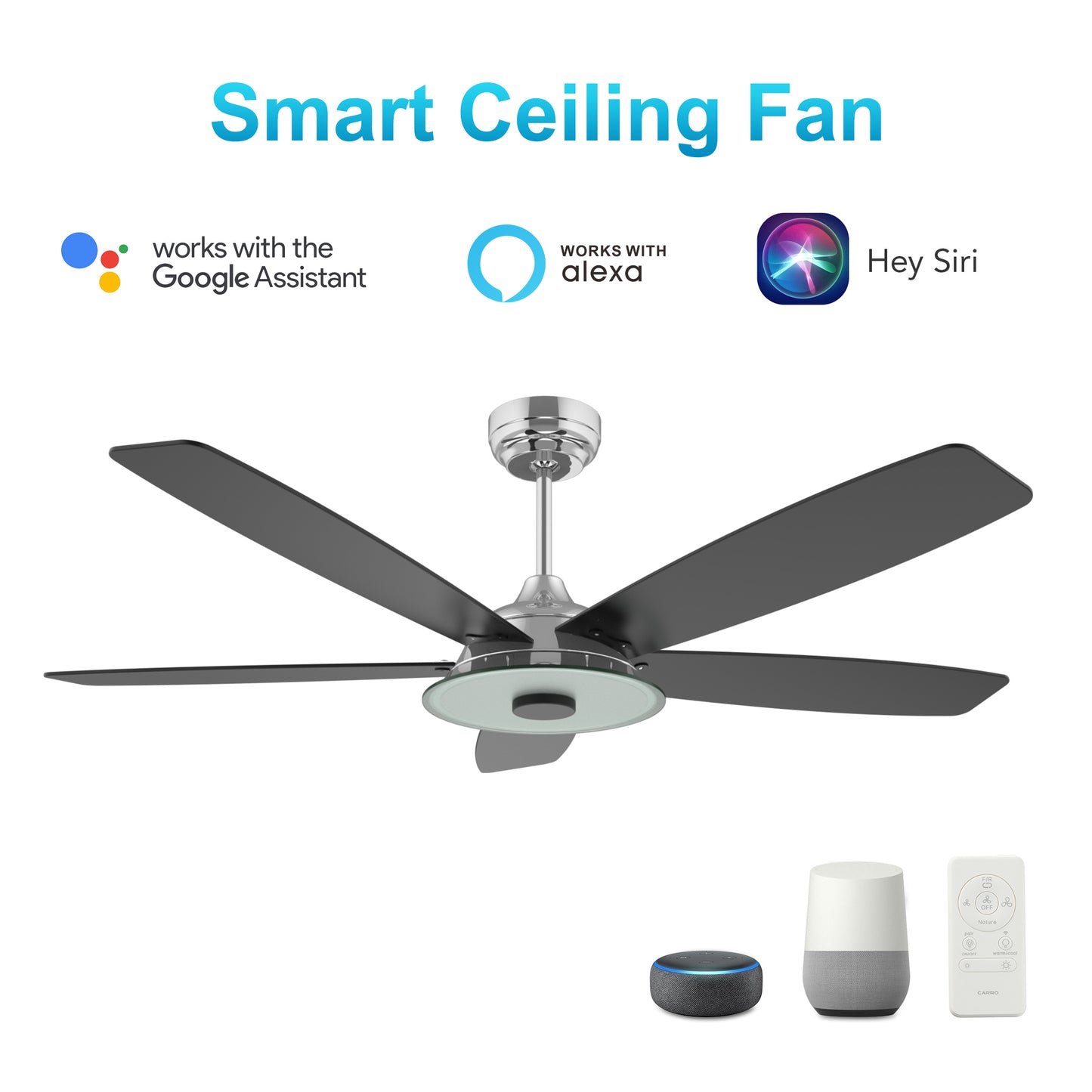 Carro USA JOURNEY 52 inch 5-Blade Smart Ceiling Fan with LED Light Kit & Remote - Silver/Black fan blades