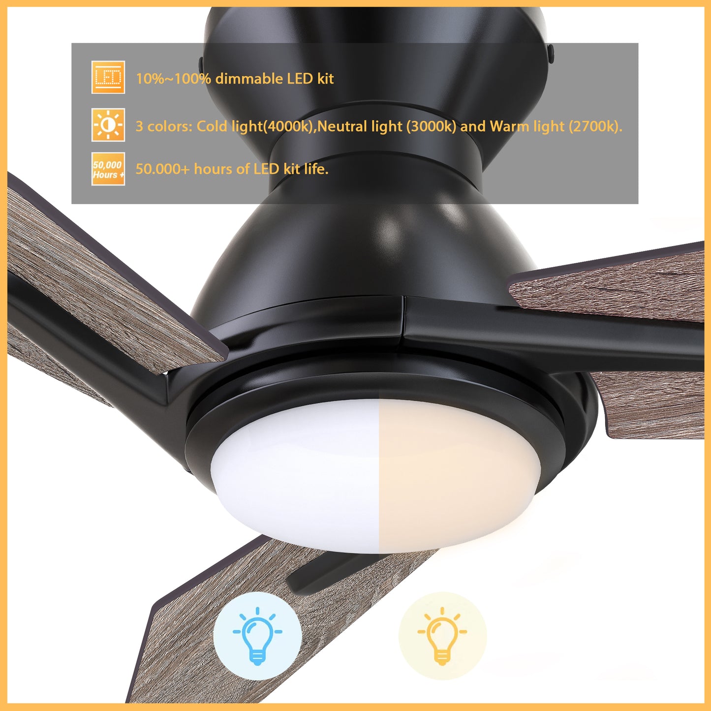 Carro CALEN 44 inch 3-Blade Flush Mount Smart Ceiling Fan with LED Light Kit & Remote Control- Black/Natural Oak