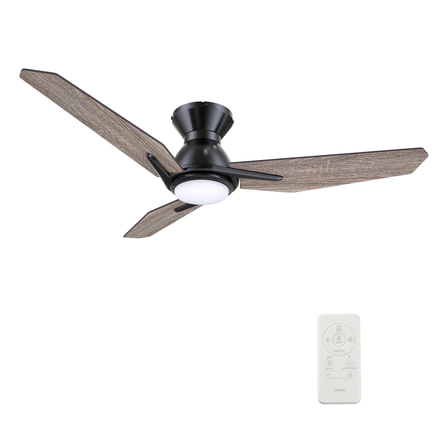 Carro CALEN 44 inch 3-Blade Flush Mount Smart Ceiling Fan with LED Light Kit & Remote Control- Black/Natural Oak