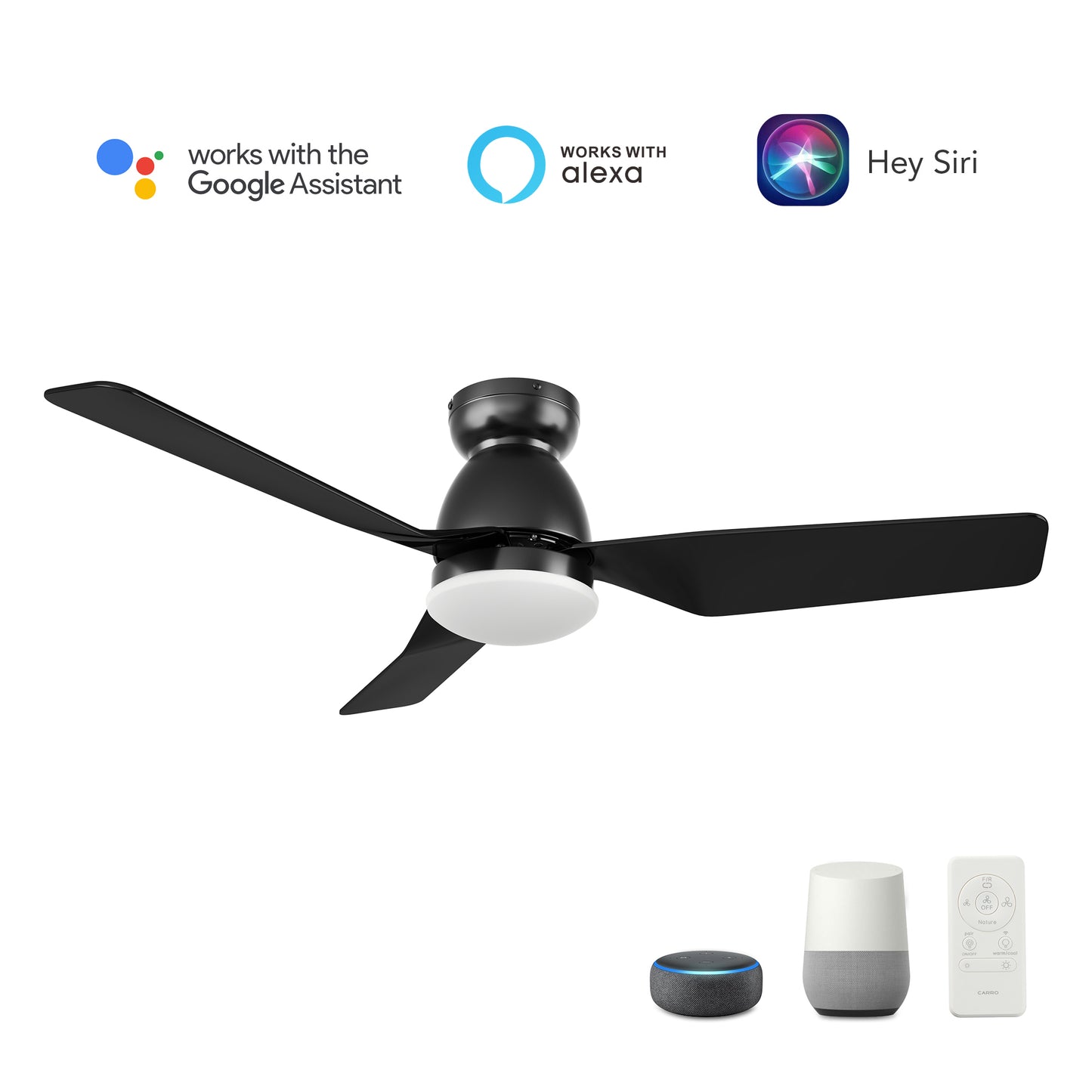 Carro USA KENSEE 44 inch 3-Blade Flush Mount Smart Ceiling Fan with LED Light Kit & Remote - Black/Black
