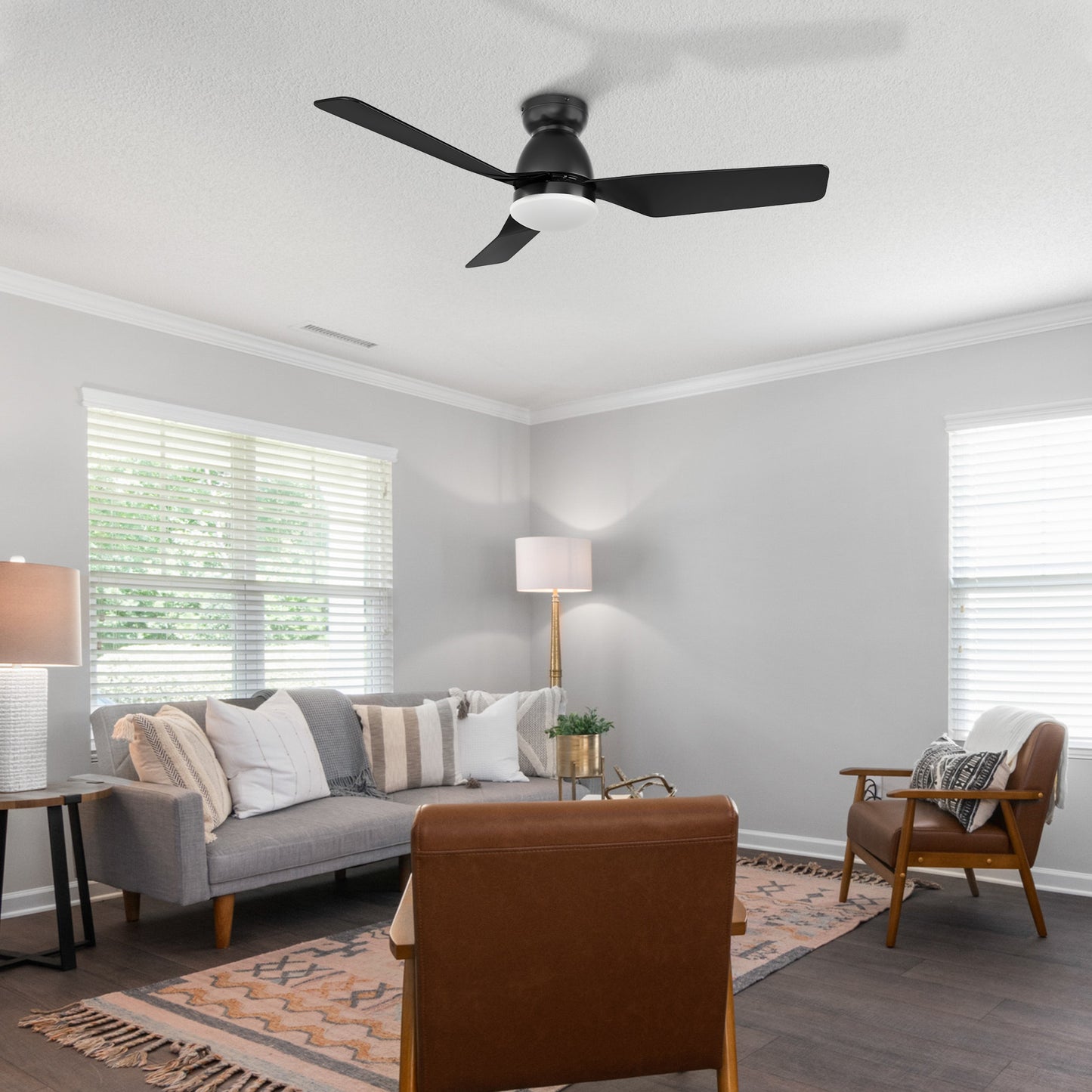 Carro USA KENSEE 44 inch 3-Blade Flush Mount Smart Ceiling Fan with LED Light Kit & Remote - Black/Black