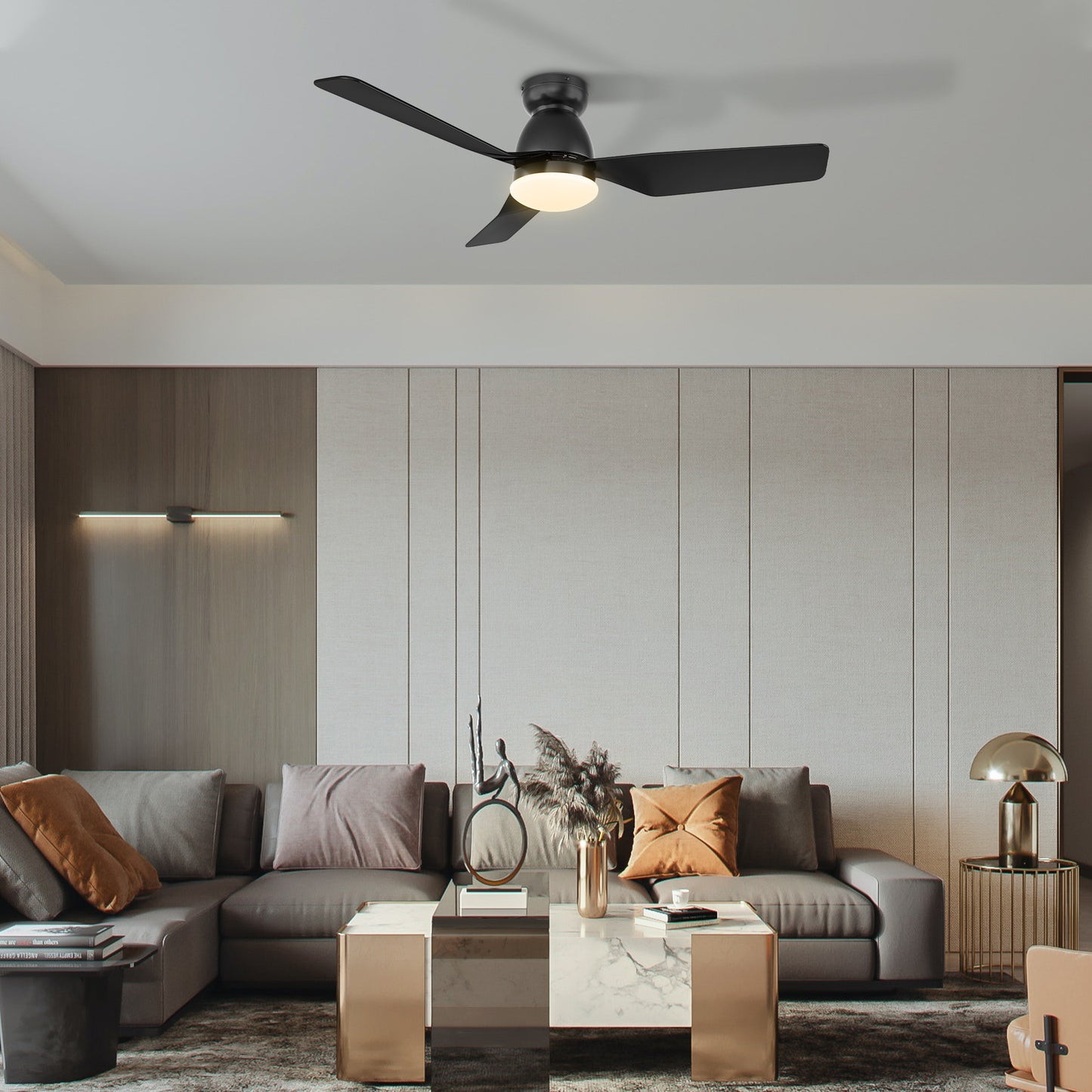 Carro USA KENSEE 44 inch 3-Blade Flush Mount Smart Ceiling Fan with LED Light Kit & Remote - Black/Black