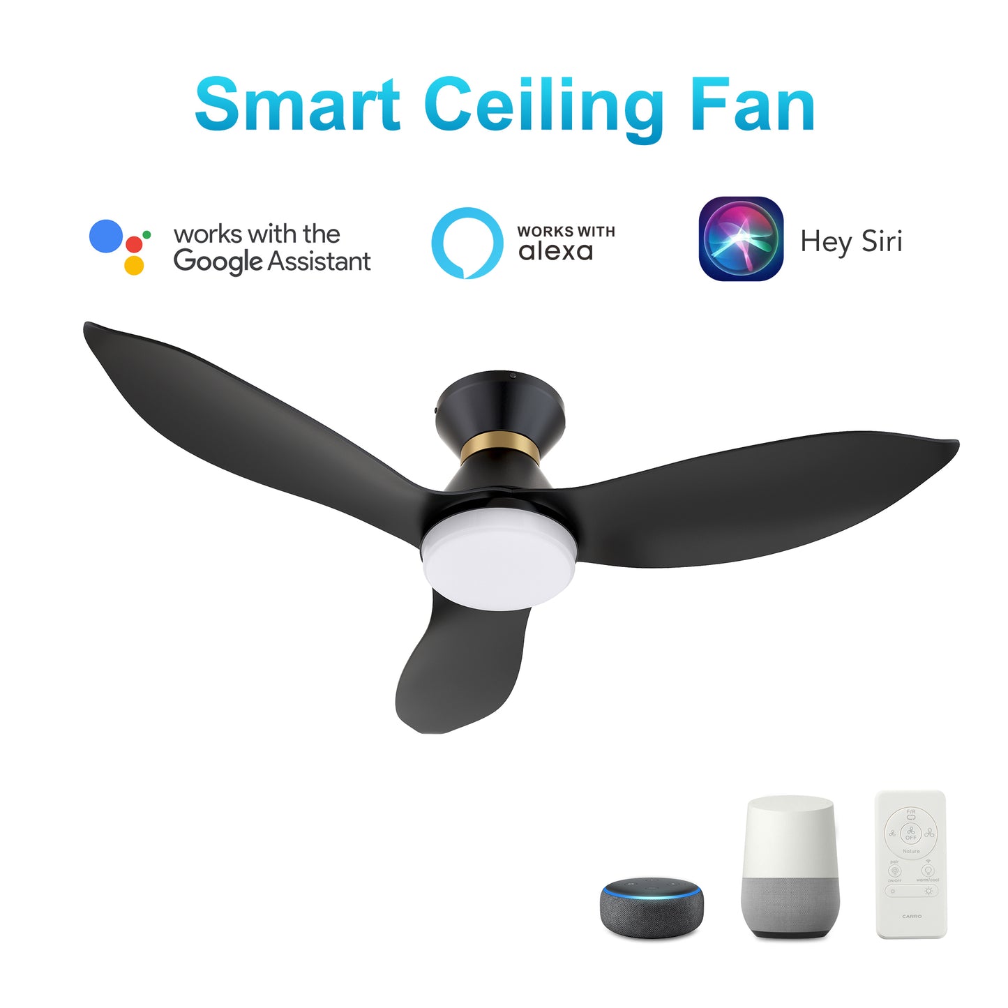 Carro RYATT 45 inch 3-Blade Flush Mount Smart Ceiling Fan with LED Light Kit & Remote- Black/Black (Gold Detail)