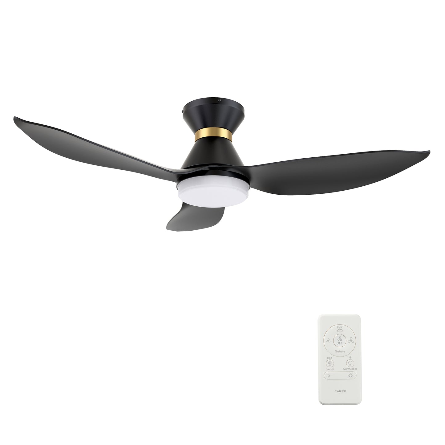 Carro RYATT 45 inch 3-Blade Flush Mount Smart Ceiling Fan with LED Light Kit & Remote- Black/Black (Gold Detail)