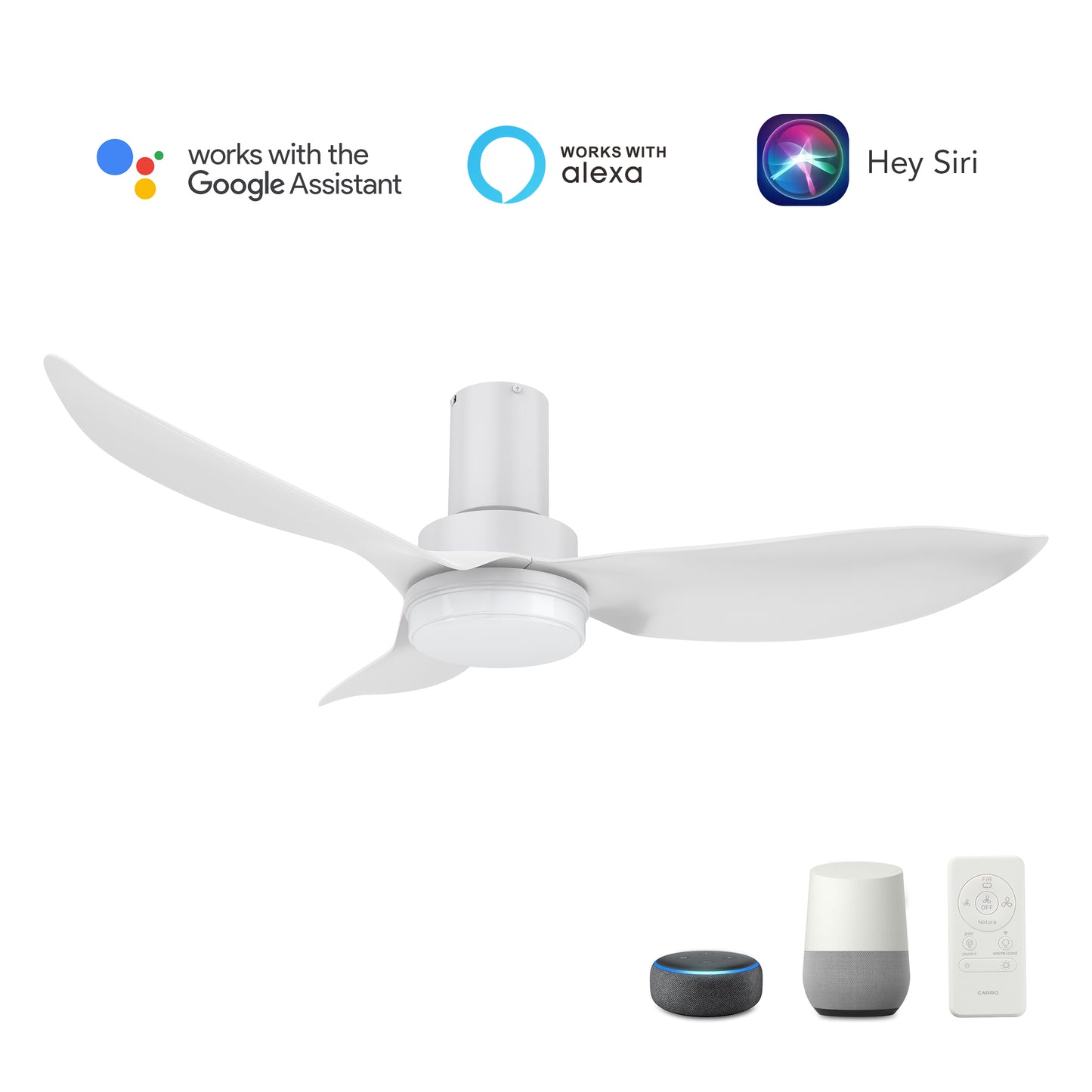 Carro RYNA 45 inch 3-Blade Flush Mount Smart Ceiling Fan with LED Light Kit & Remote- White/White