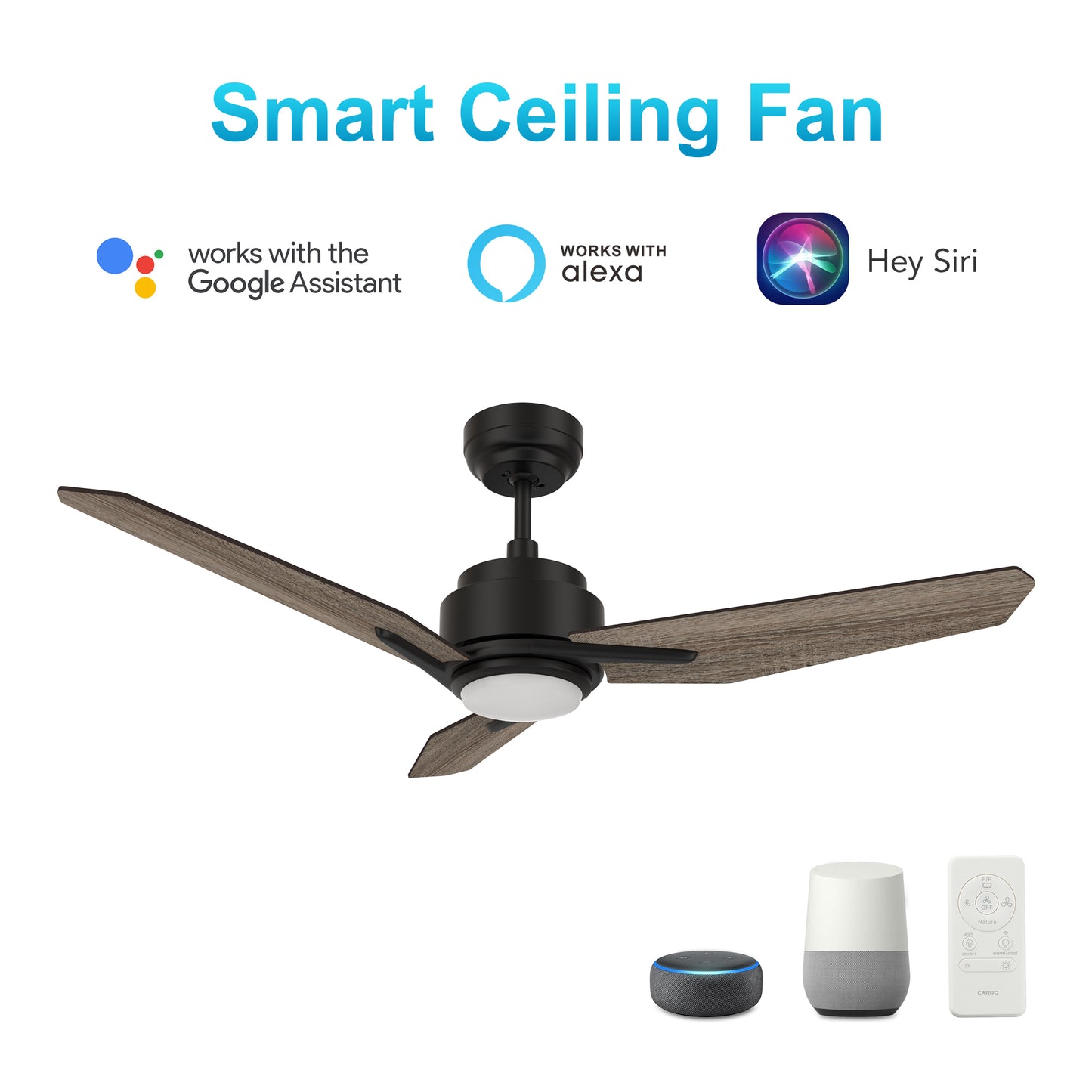 CALEN 48 inch 3-Blade Smart Ceiling Fan with LED Light Kit & Remote Control- Black/Wood Pattern