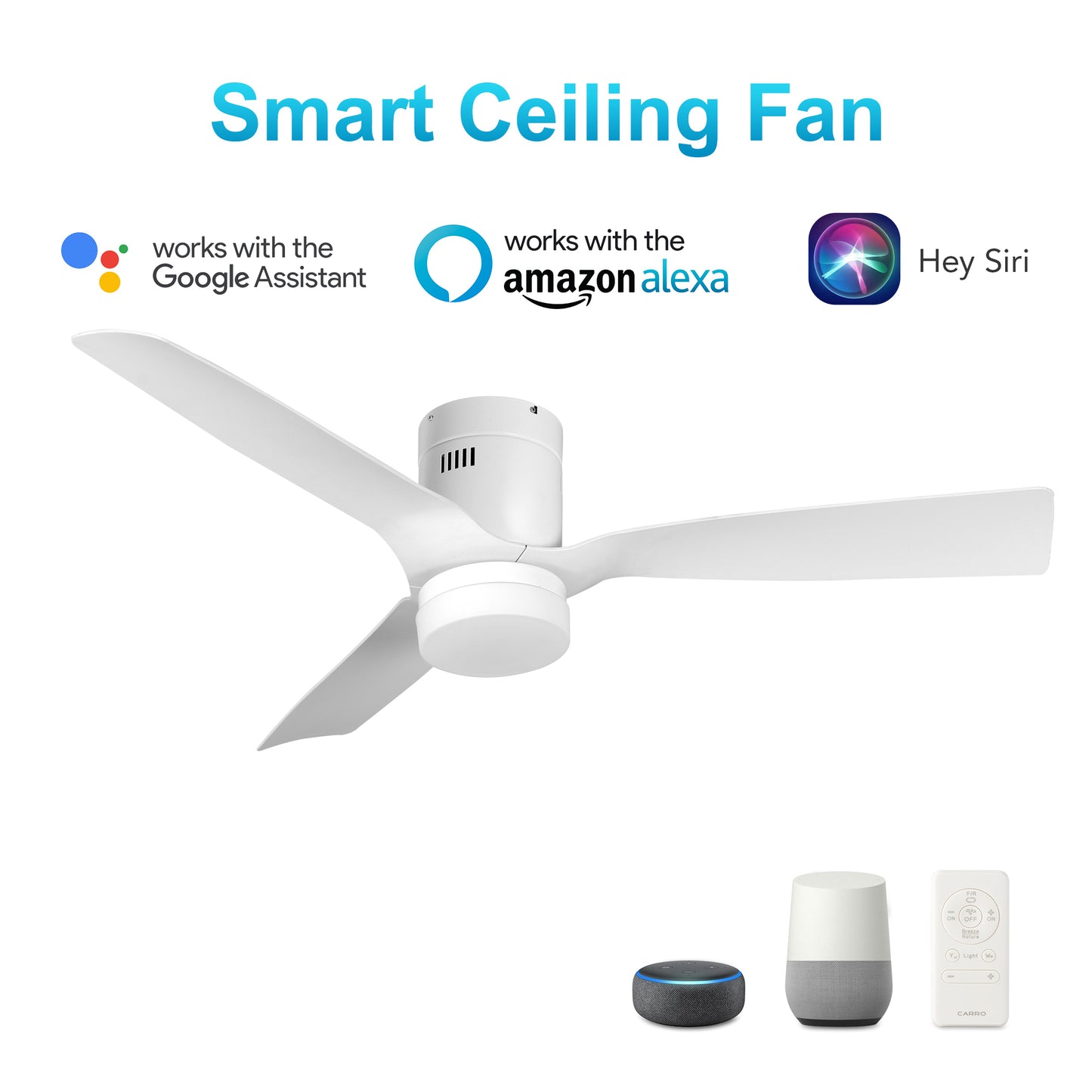 Carro Home SPEZIA 48 inch 3-Blade Flush Mount Smart Ceiling Fan with LED Light Kit & Remote - White/White fan blades