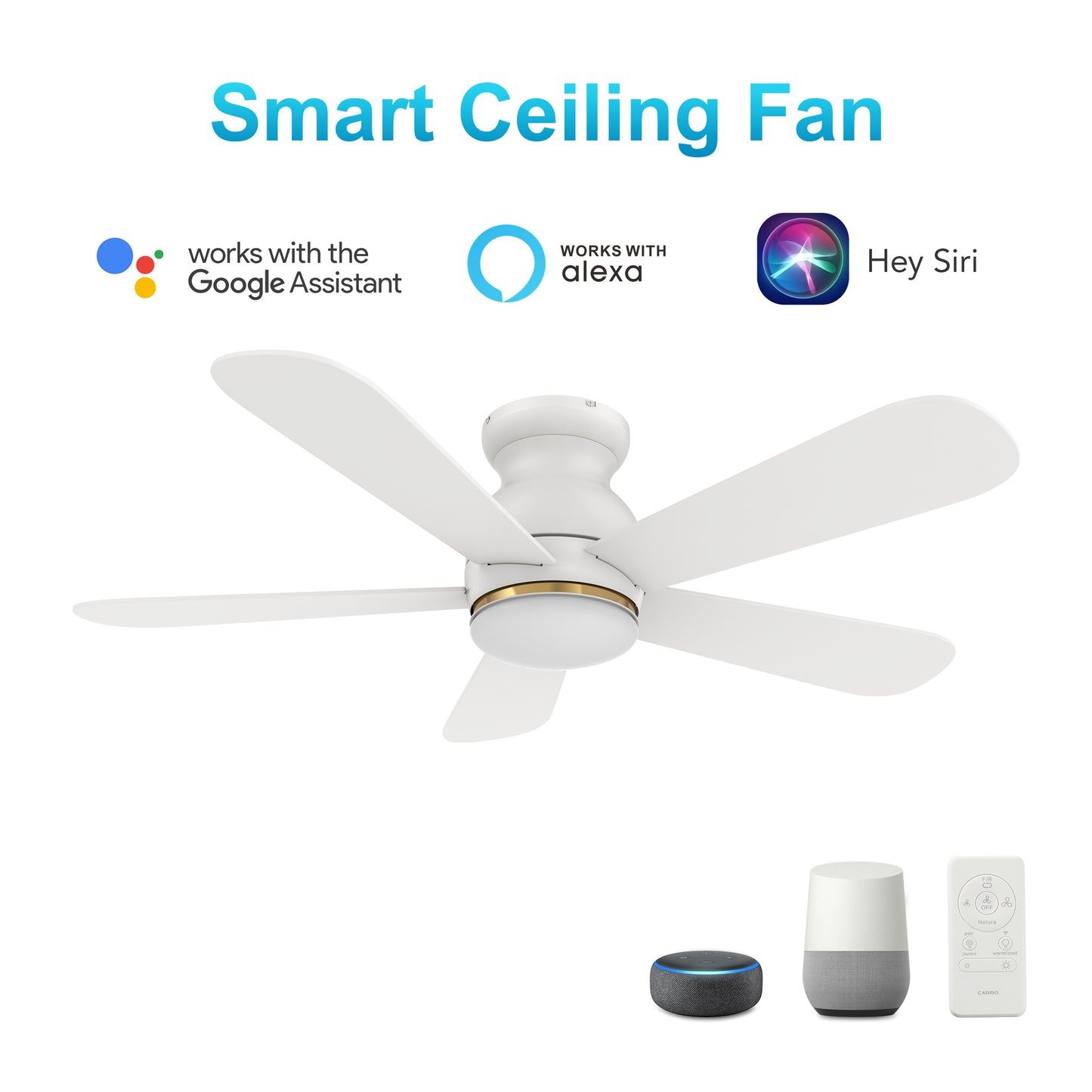 Carro DUBOIS 48 inch 5-Blade Flush Mount Smart Ceiling Fan with LED Light Kit & Remote- White/White