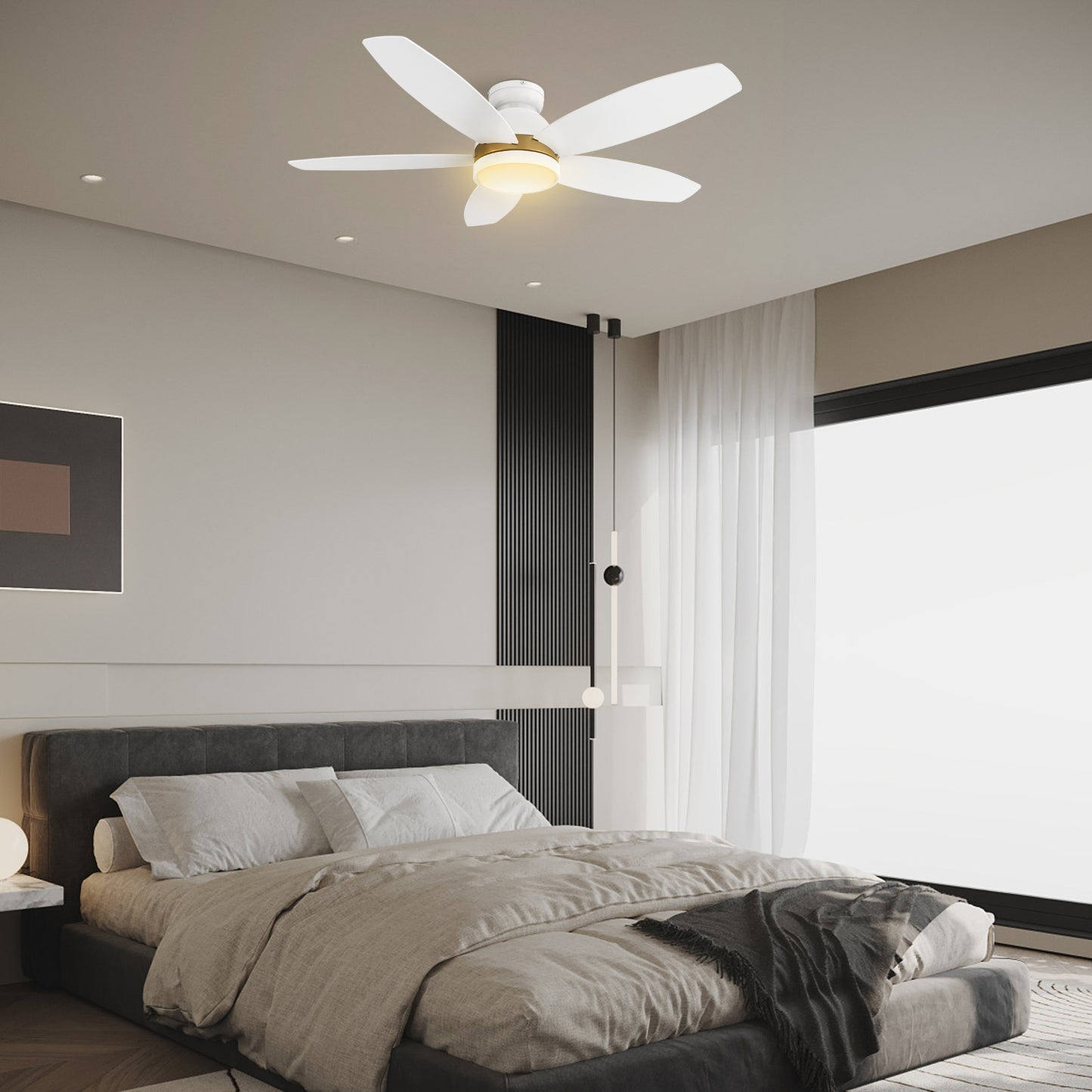 Carro GRANVILLE 48 inch 5-Blade Flush Mount Smart Ceiling Fan with LED Light Kit & Remote- White/White (Gold Detail)