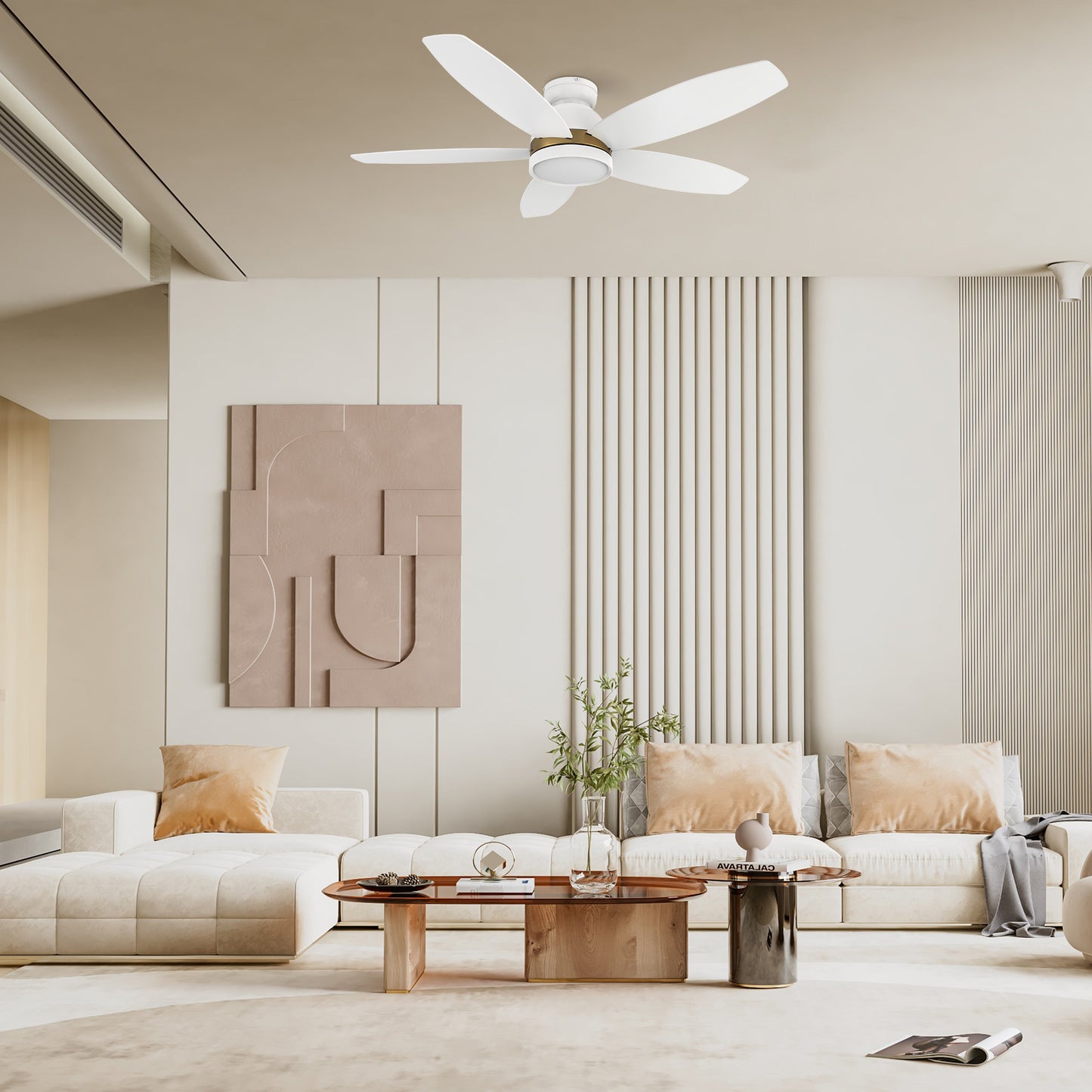 Carro GRANVILLE 48 inch 5-Blade Flush Mount Smart Ceiling Fan with LED Light Kit & Remote- White/White (Gold Detail)
