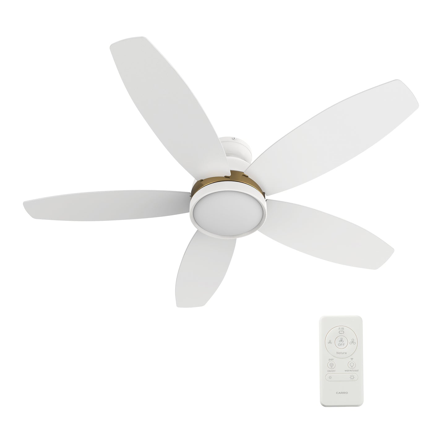 Carro GRANVILLE 48 inch 5-Blade Flush Mount Smart Ceiling Fan with LED Light Kit & Remote- White/White (Gold Detail)