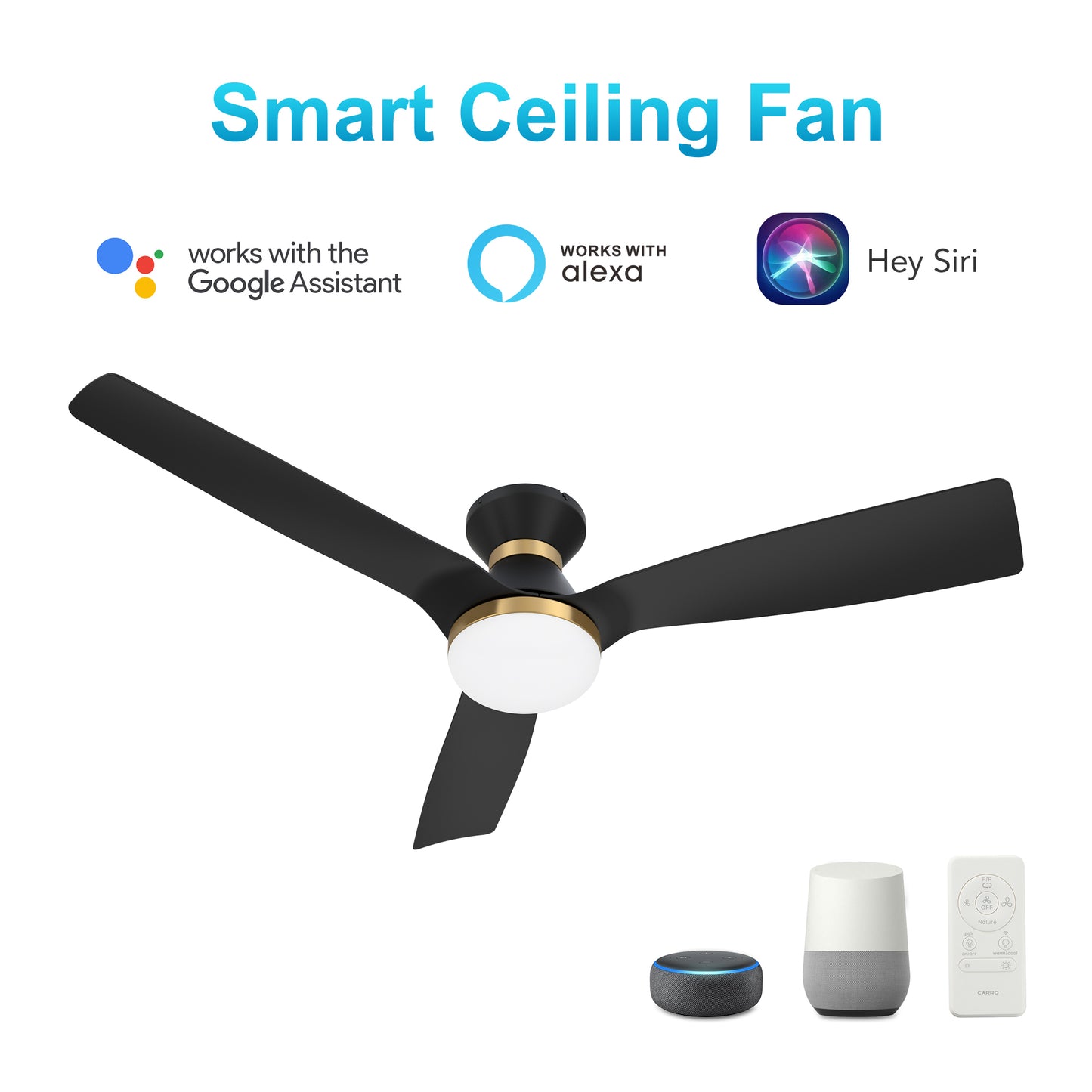 Carro SPEZIA 52 inch 3-Blade Flush Mount Smart Ceiling Fan with LED Light Kit & Remote - Black/Black (Gold Detail)