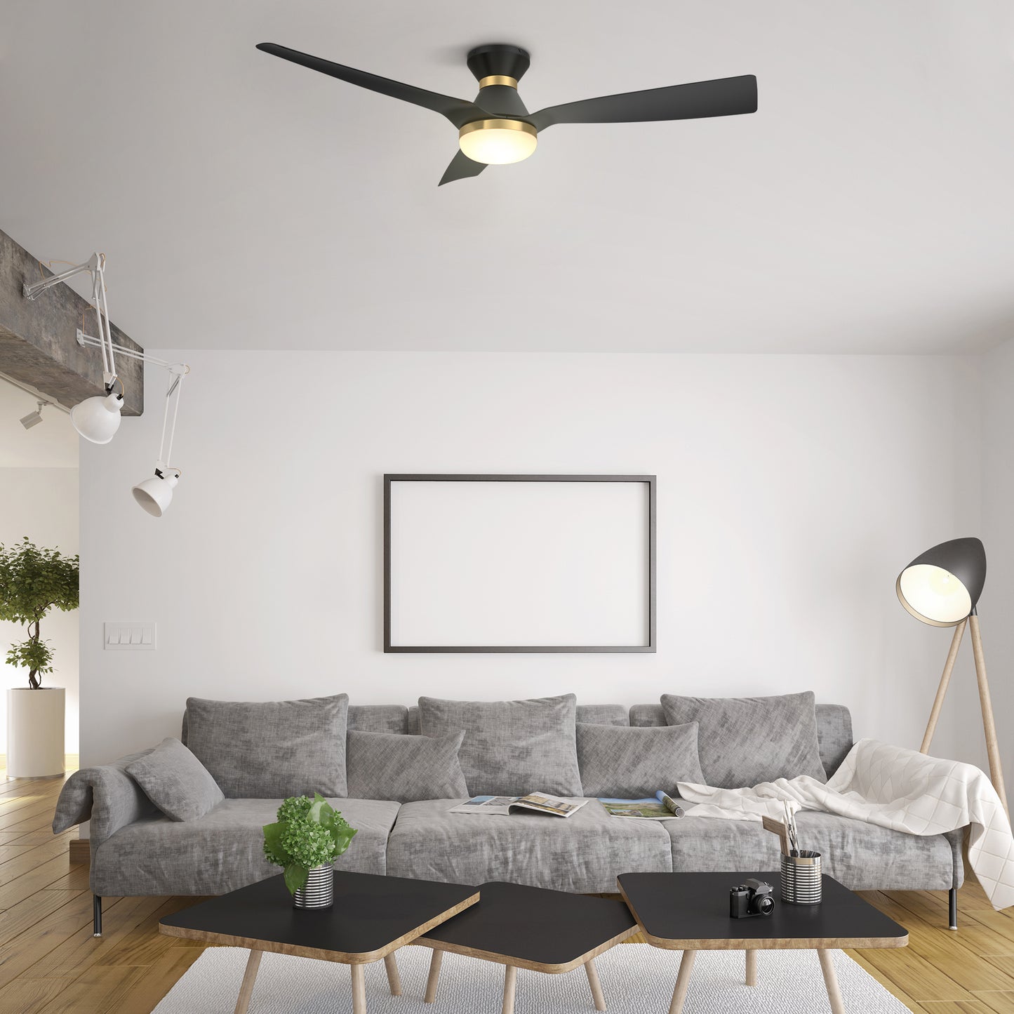 Carro SPEZIA 52 inch 3-Blade Flush Mount Smart Ceiling Fan with LED Light Kit & Remote - Black/Black (Gold Detail)
