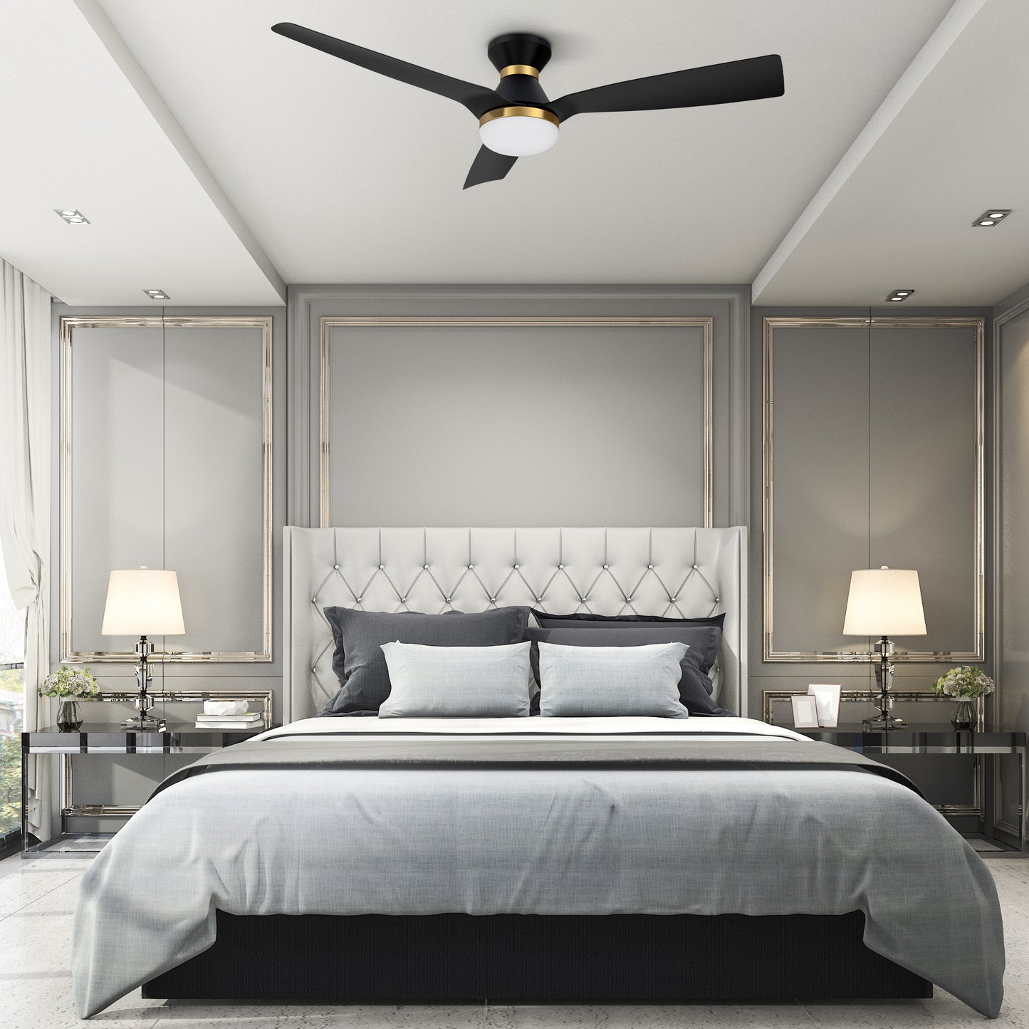 Carro SPEZIA 52 inch 3-Blade Flush Mount Smart Ceiling Fan with LED Light Kit & Remote - Black/Black (Gold Detail)