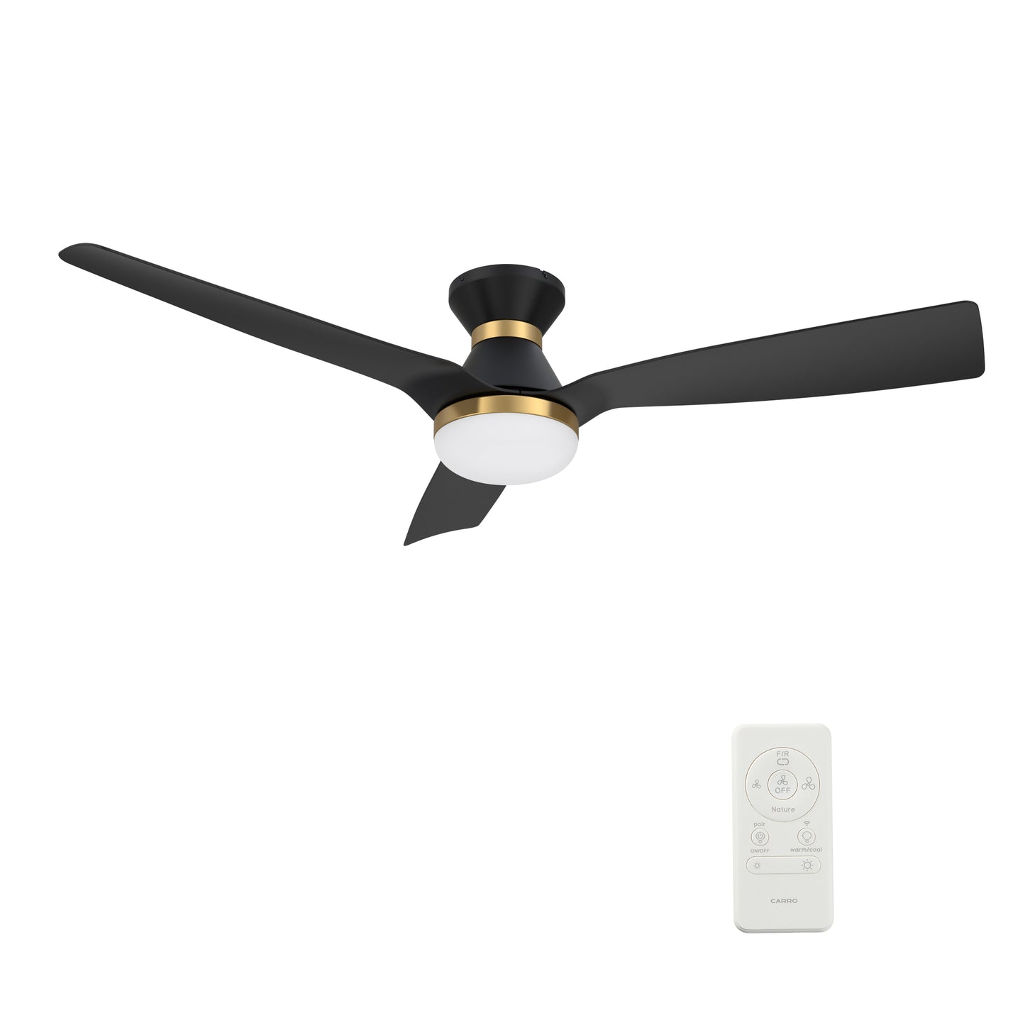 Carro SPEZIA 52 inch 3-Blade Flush Mount Smart Ceiling Fan with LED Light Kit & Remote - Black/Black (Gold Detail)