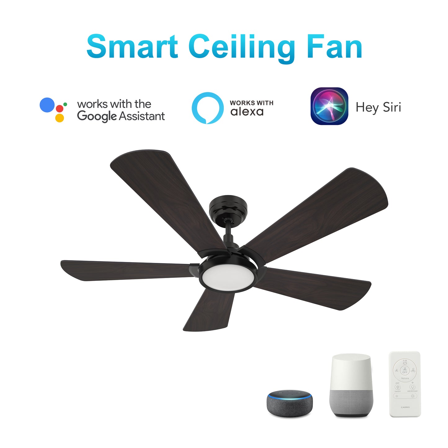 Carro Home WINSTON 52 inch 5-Blade Smart Ceiling Fan with LED Light Kit & Remote Control- Black/Walnut Wood Fan Blades