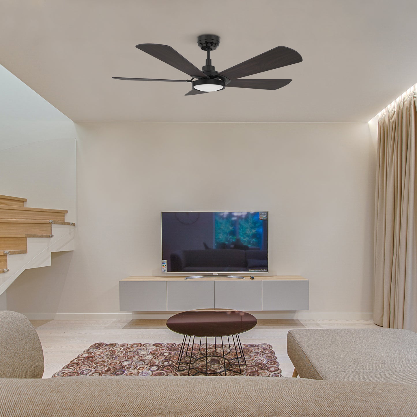 Carro Home WINSTON 52 inch 5-Blade Smart Ceiling Fan with LED Light Kit & Remote Control- Black/Walnut Wood Fan Blades