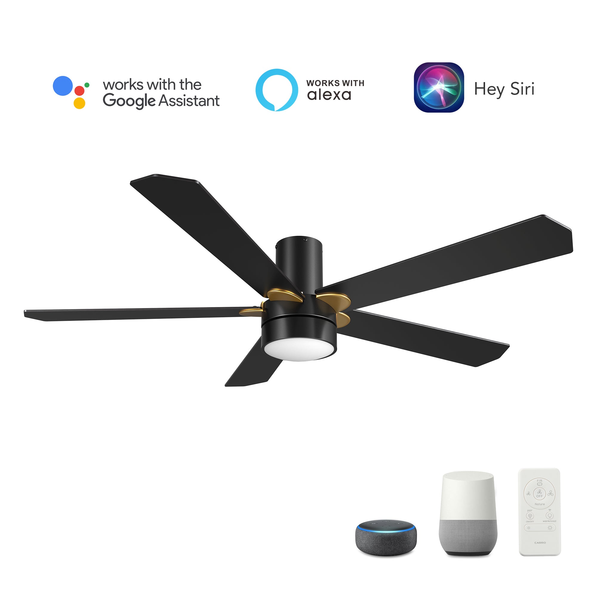 Carro TAMPA 52 inch 5-Blade Flush Mount Smart Ceiling Fan with LED Light Kit & Remote- Black/Black