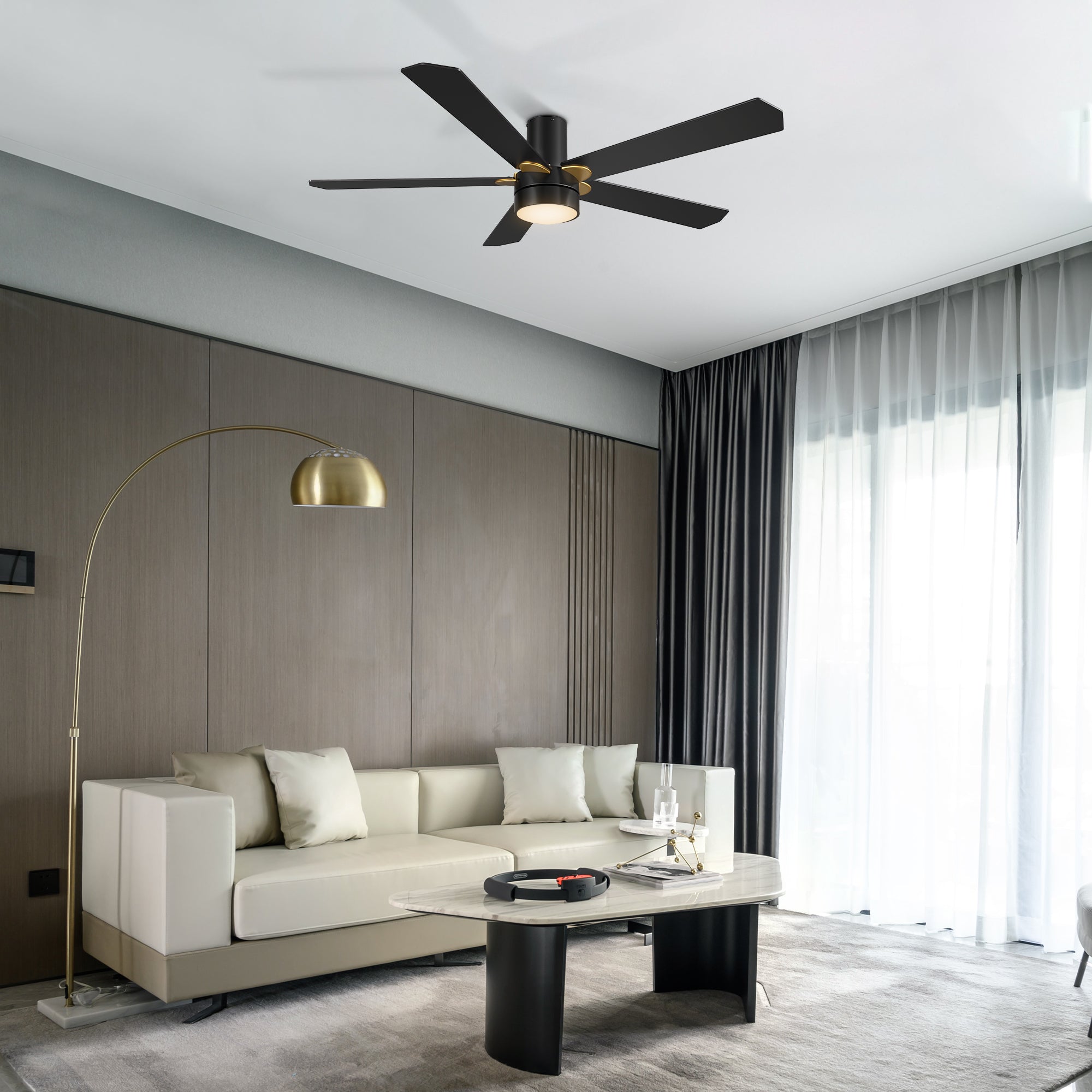 Carro TAMPA 52 inch 5-Blade Flush Mount Smart Ceiling Fan with LED Light Kit & Remote- Black/Black