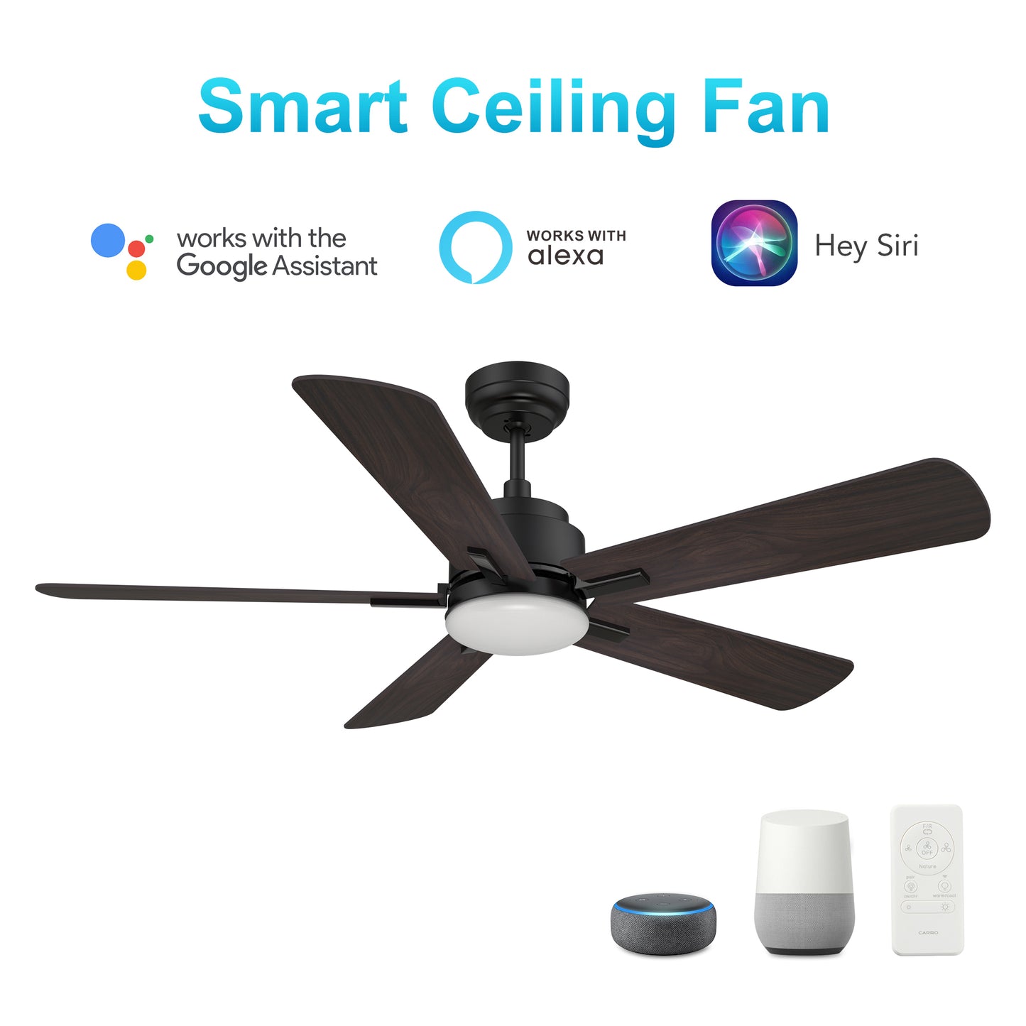 Carro OLINDA 52 inch 5-Blade Smart Ceiling Fan with LED Light Kit & Remote- Black/Walnut & Barnwood (Reversible Blades)