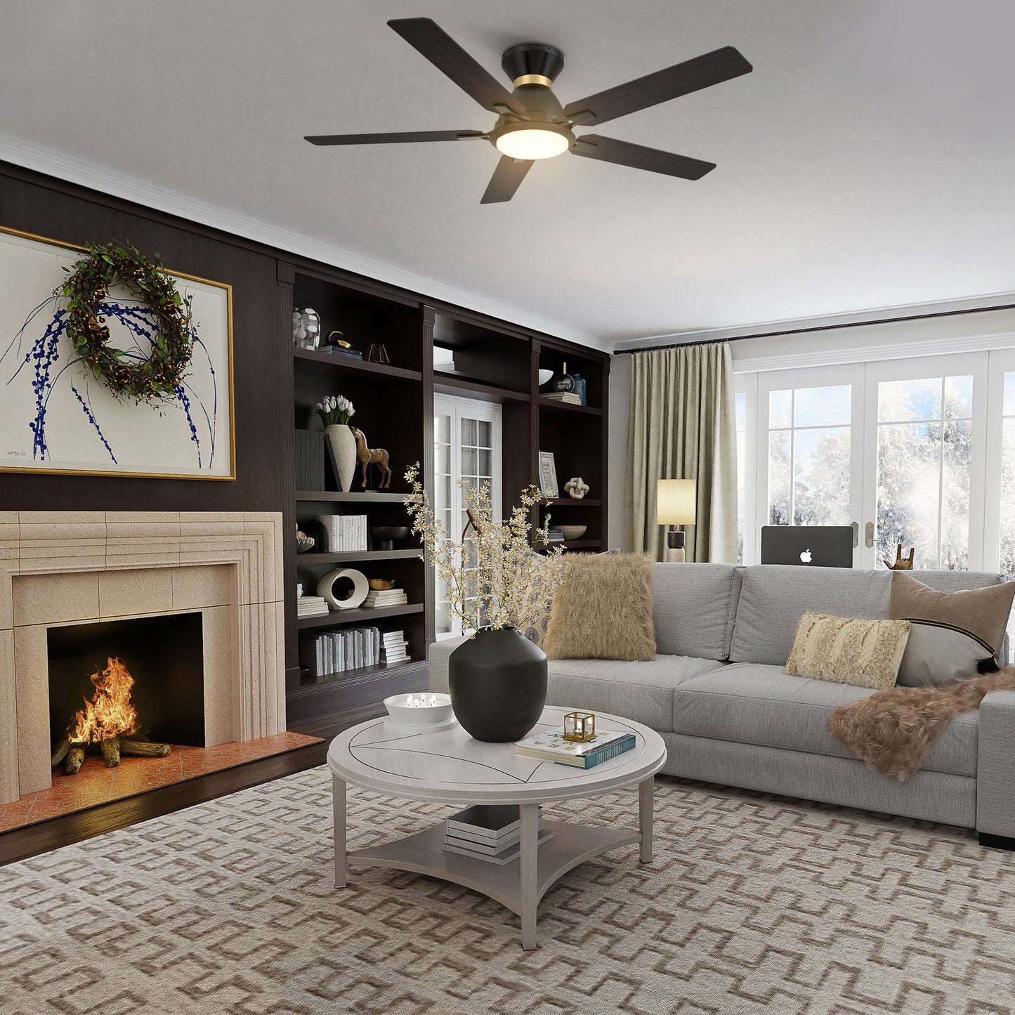 Carro ESPEAR 52 inch Flush Mount 5-Blade Smart Ceiling Fan with LED Light Kit & Remote - Black (Gold Detail) /Walnut & Barnwood (Reversible Blades)