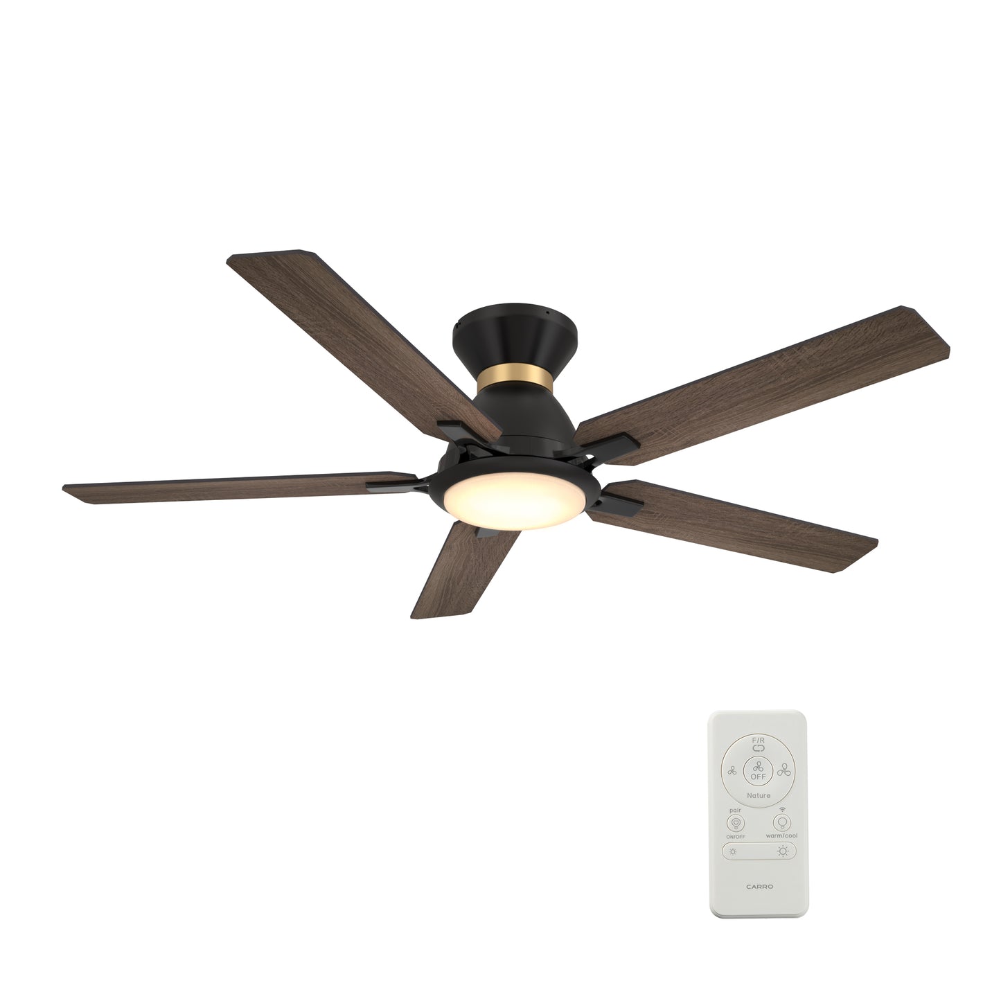 Carro ESPEAR 52 inch Flush Mount 5-Blade Smart Ceiling Fan with LED Light Kit & Remote - Black (Gold Detail) /Walnut & Barnwood (Reversible Blades)