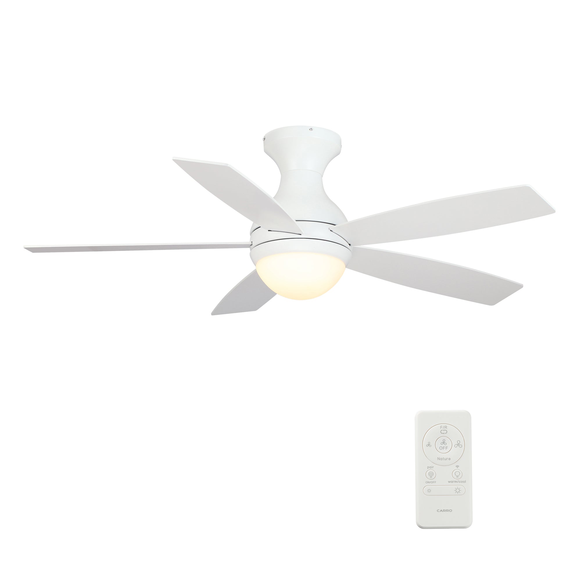 Carro Home TWISTER 52 inch 5-Blade Flush Mount Smart Ceiling Fan with LED Light Kit & Remote- White/White