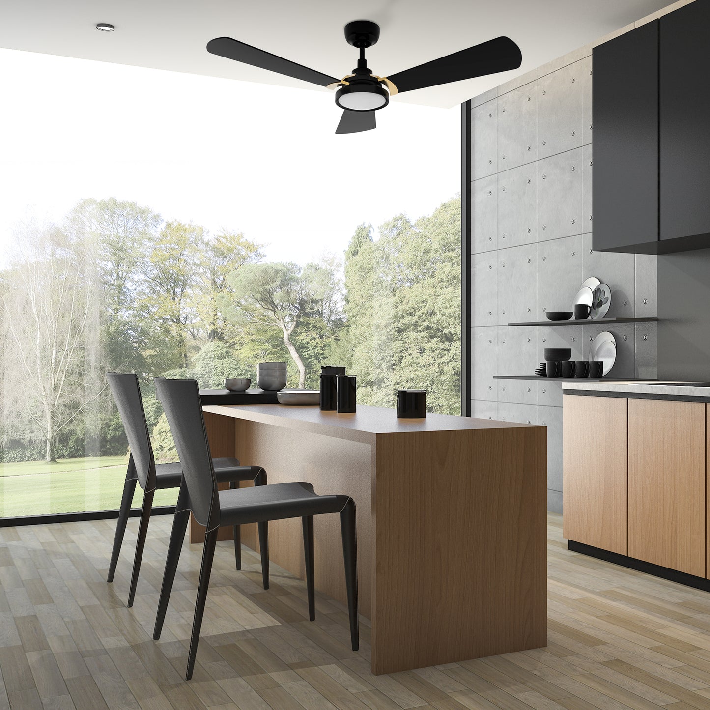 Carro USA BRISA 56 inch 3-Blade Smart Ceiling Fan with LED Light & Remote Control - Black/Black fan blades