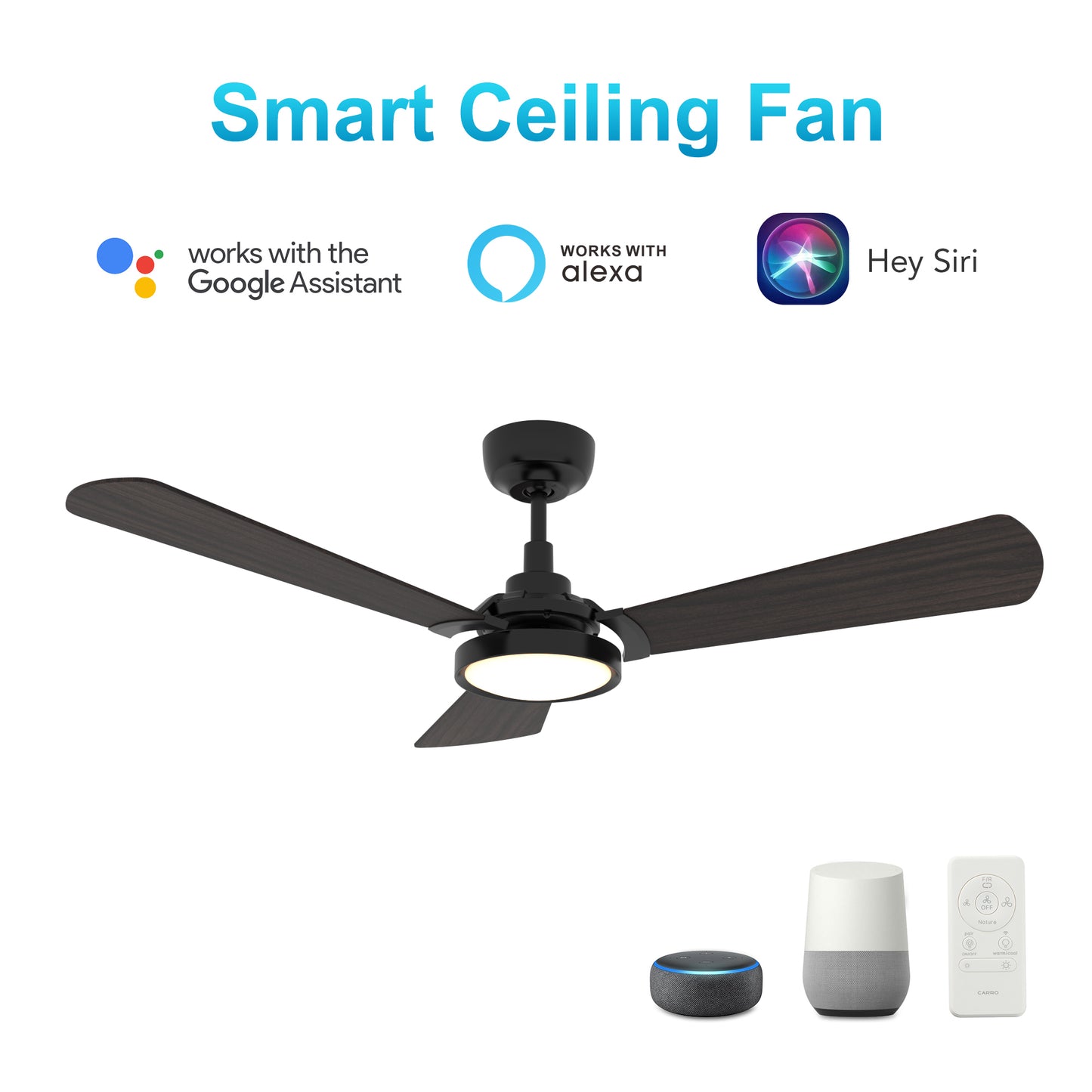 Carro USA BRISA 56 inch 3-Blade Smart Ceiling Fan with LED Light & Remote Control - Black/Walnut Wood fan blades