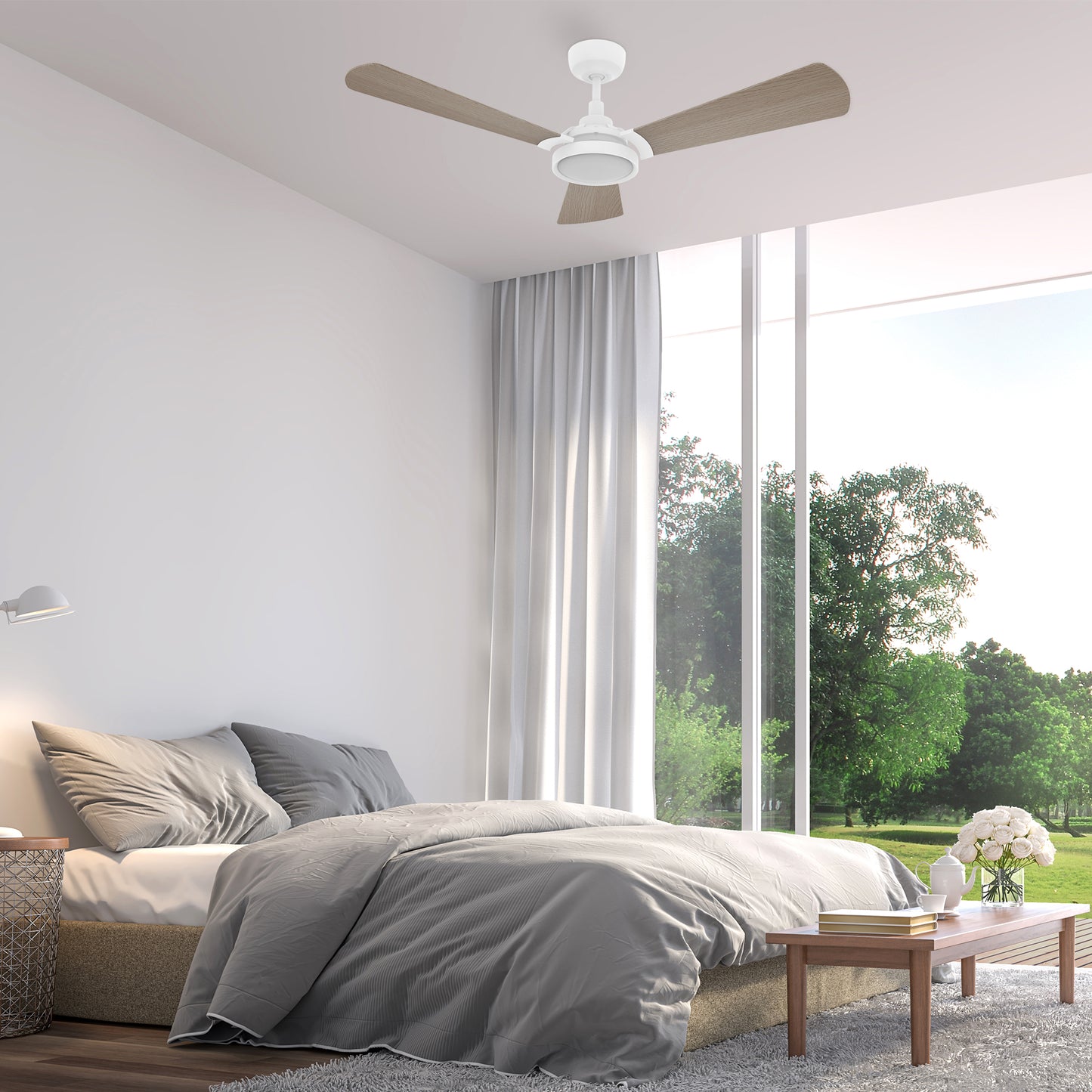 Carro USA BRISA 56 inch 3-Blade Smart Ceiling Fan with LED Light & Remote Control - White/Light Wood fan blades