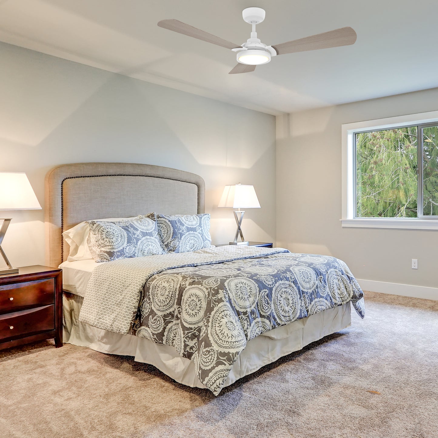 Carro USA BRISA 56 inch 3-Blade Smart Ceiling Fan with LED Light & Remote Control - White/Light Wood fan blades