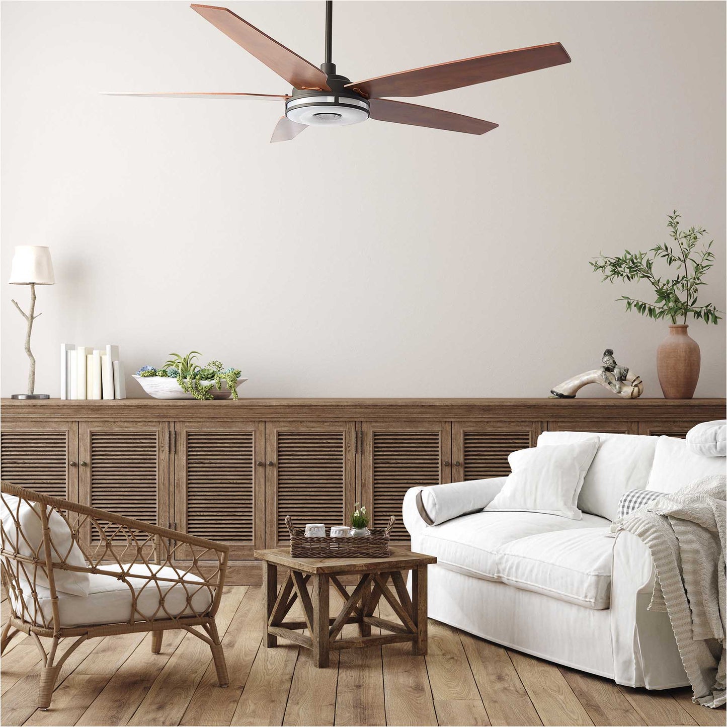 Carro ELIRA 56 inch 5-Blade Smart Ceiling Fan with LED Light Kit & Remote - Black/Wood Grain Pattern Fan Blades