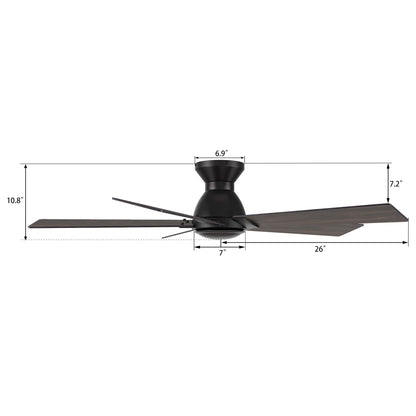 Wynston 52 inch 5-Blade Flush Mount Ceiling Fan with Remote Control - Black/Walnut & Black Reversible Blades (No Light)